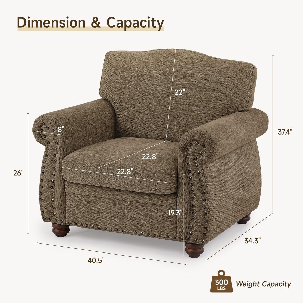 ONBRILL Nailhead Trim Armchair, Rolled Arm Accent Chair,Chenille Sofa Chair