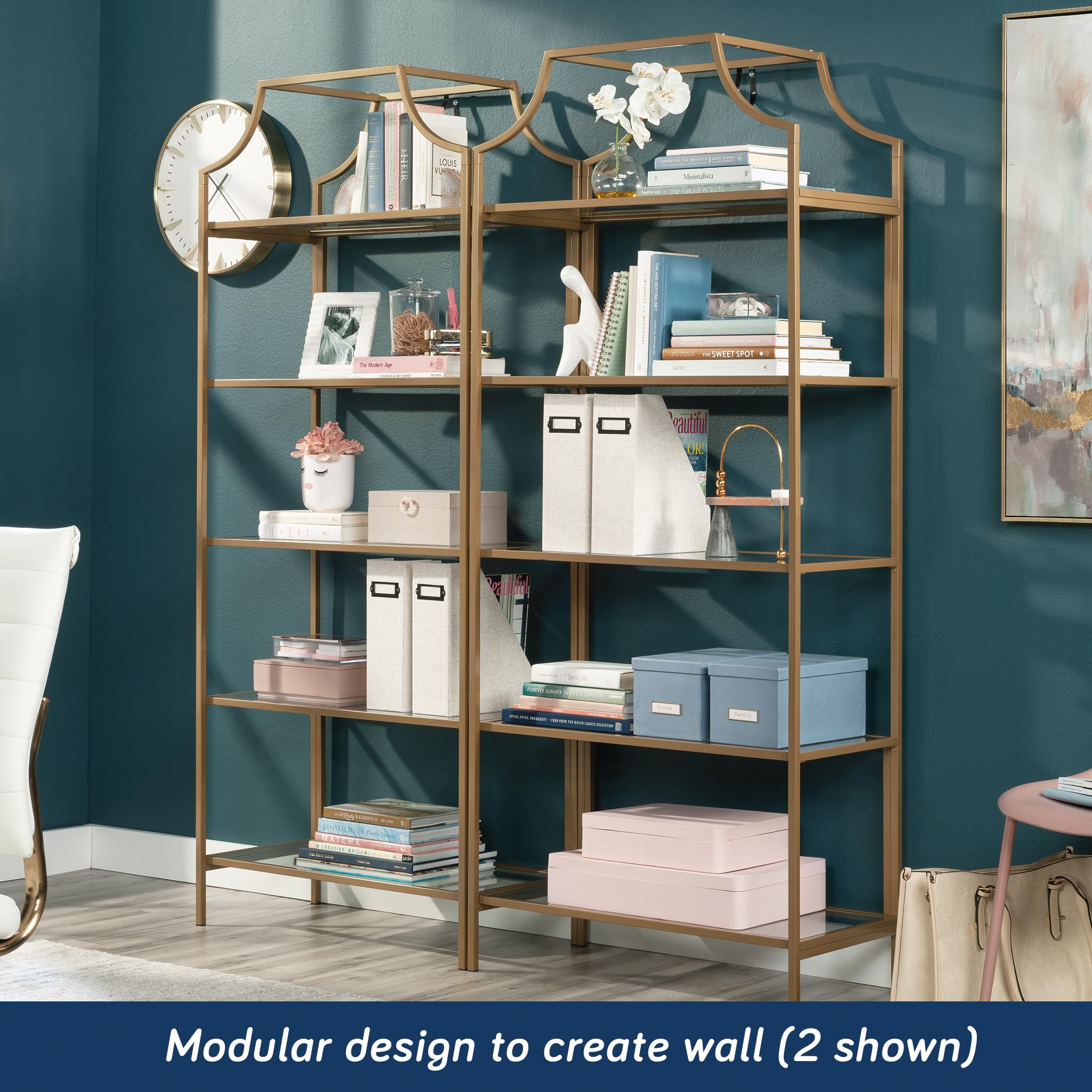 5-Shelf Glass Bookcase – Gold Satin Metal Frame