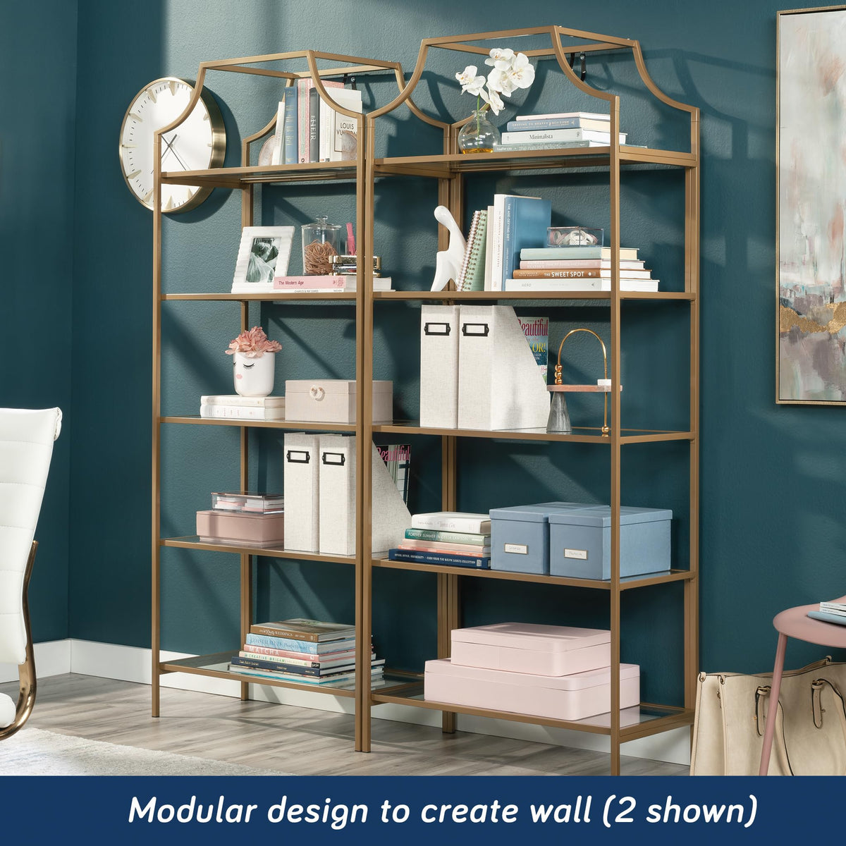 5-Shelf Gold Glass Bookcase