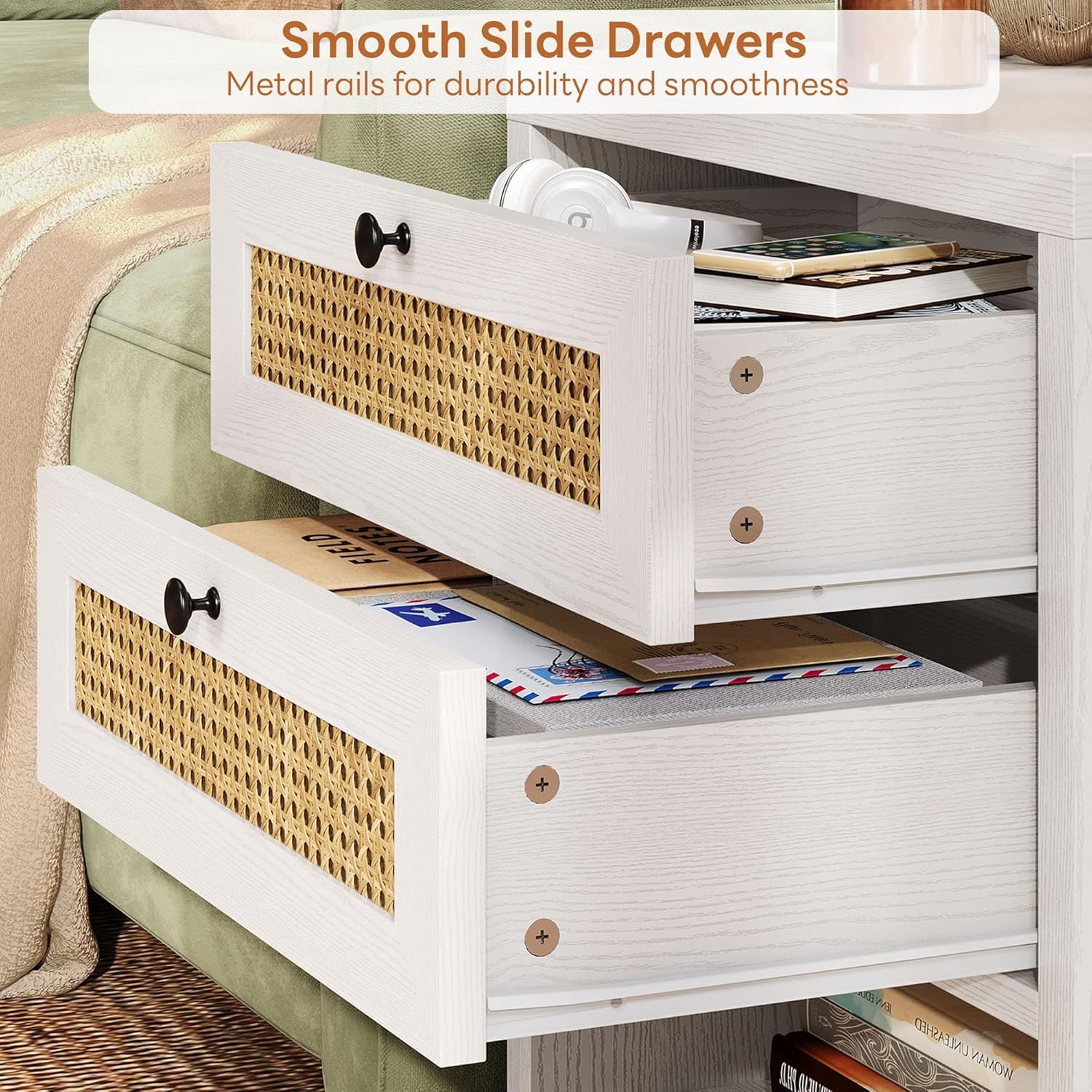 LIKIMIO Rattan Nightstand, 23inch Large White Nightstands Set of 2 with 2 Drawers and Charging Station, Boho Night Stand with Open Shelf for Bedroom, White Oak