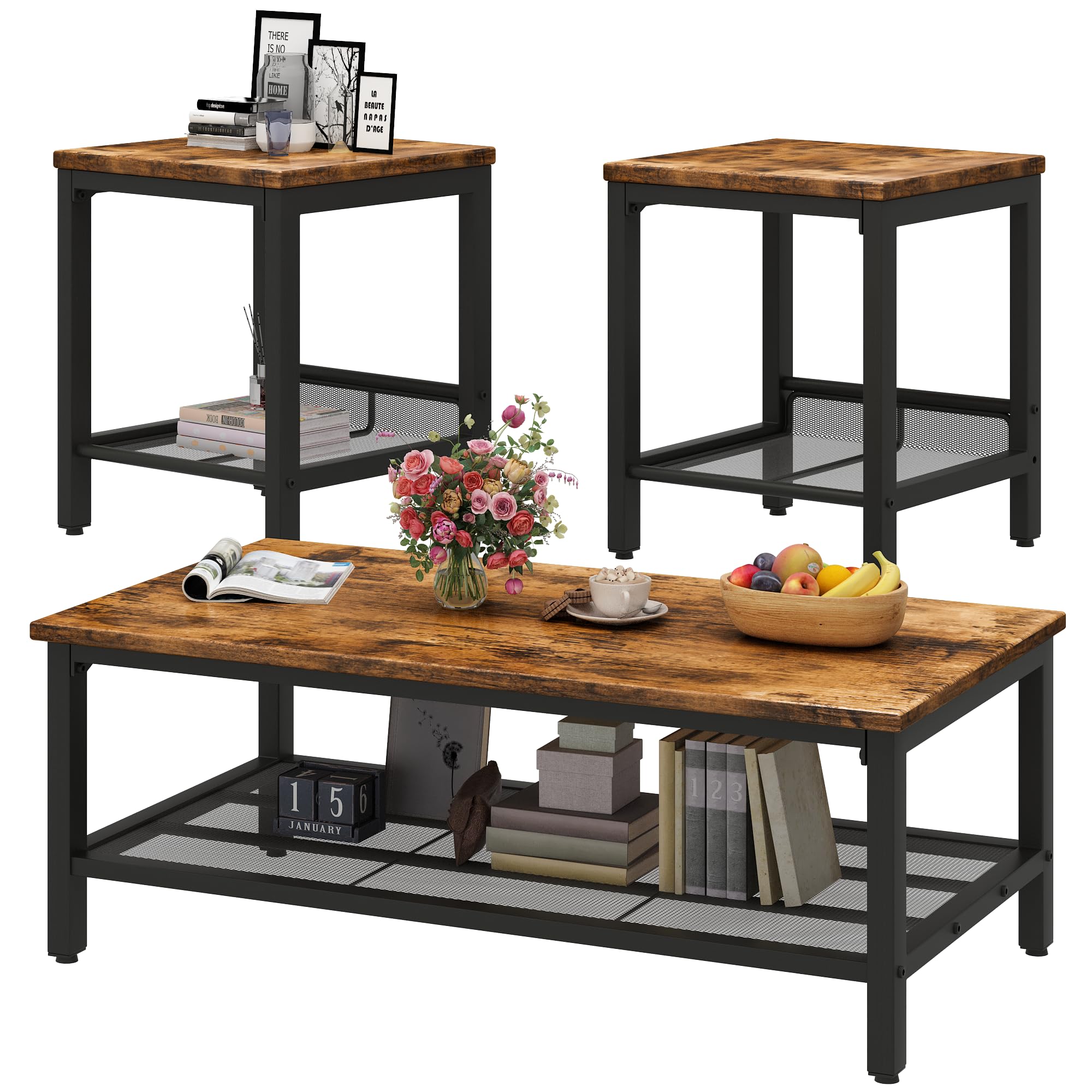 Coffee Table Set of 3, Rustic Brown