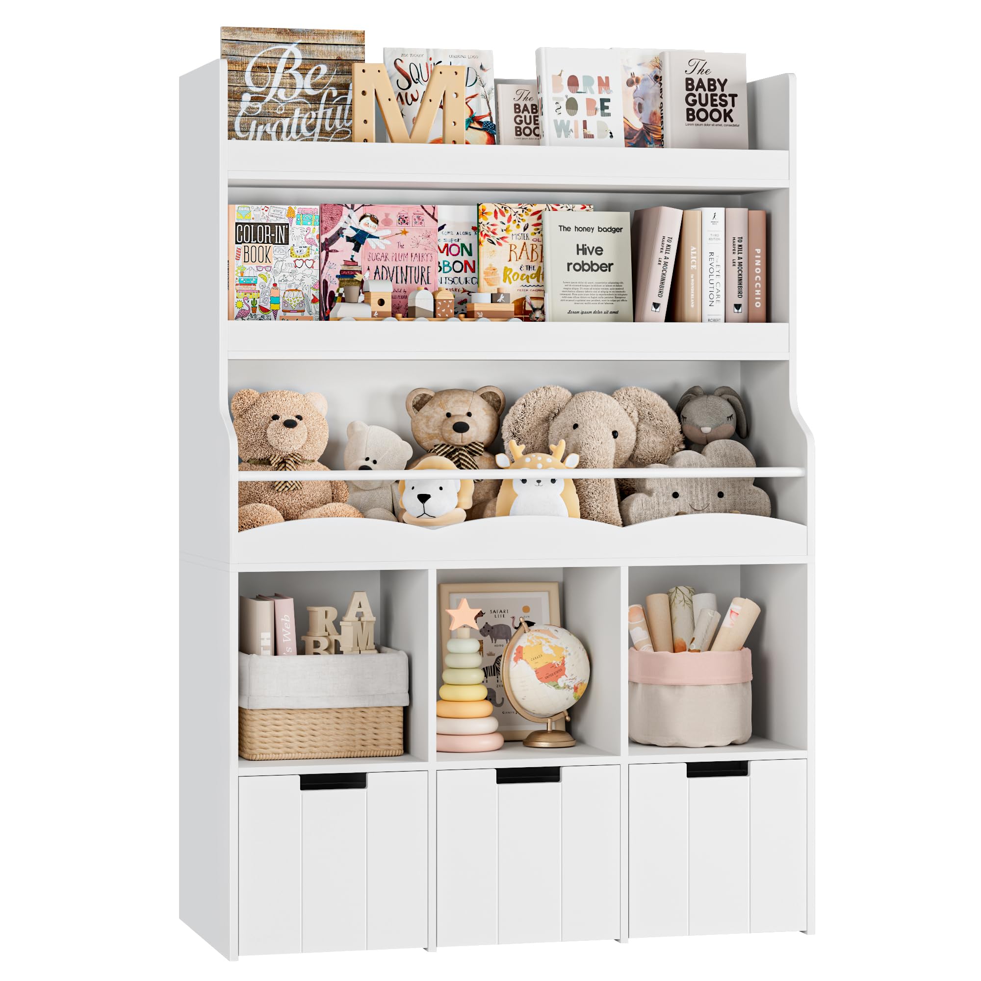 HITHOS 55.3" H Kids Bookshelf with Toy Storage Organizer, Tall Book Shelf with 3 Movable Toy Storage Bins, Large Kids Bookcase with Toy Chest, 39.2" W Modern Toy Box for Kid Room, Playroom, White