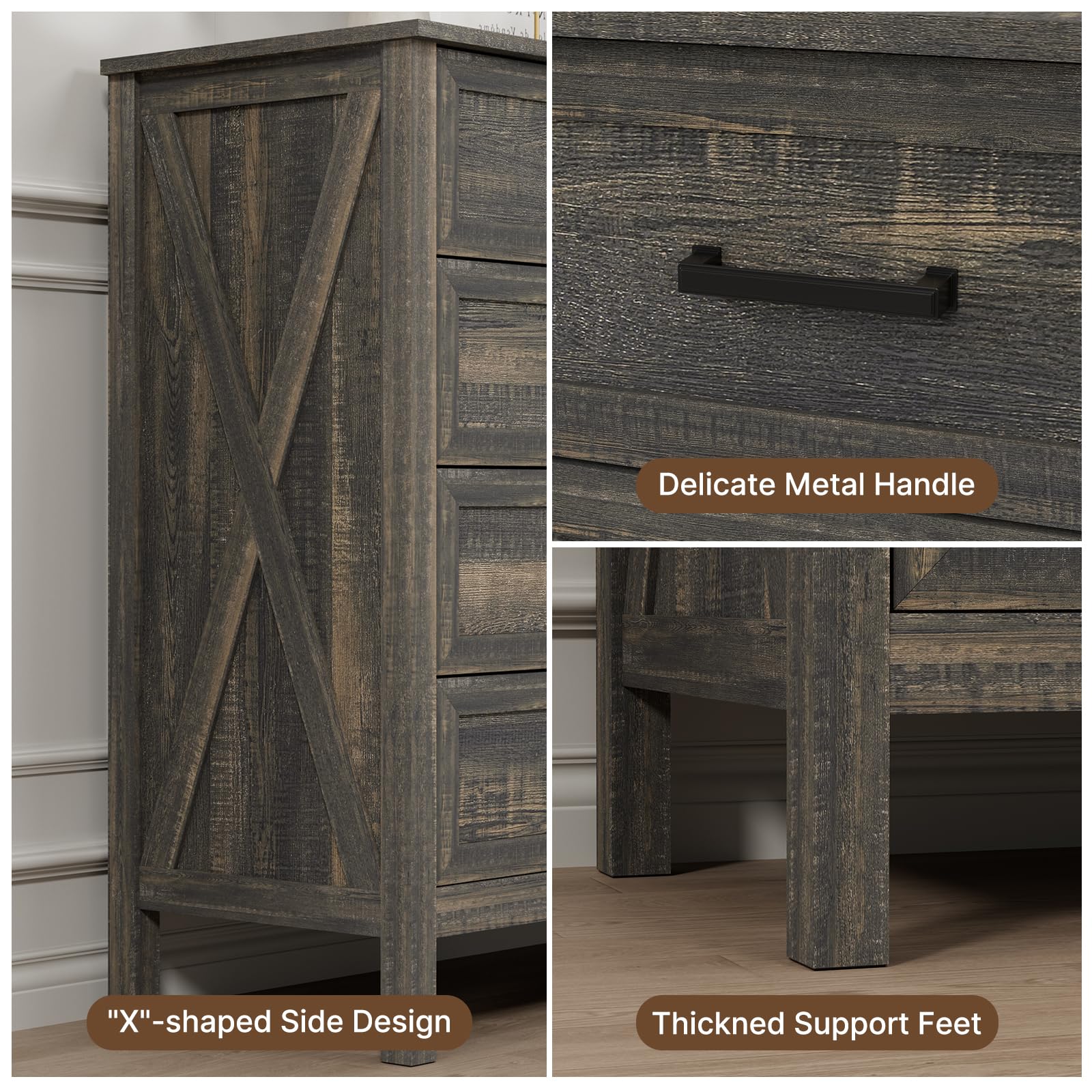 LYNSOM Farmhouse 8 Drawer Dresser for Bedroom, 55 Inch Wide Wood Rustic Chest of Drawers with X-Marking & Bar Handle, Large Storage Dressers Organizer for Bedroom, Living Room, Dark Rustic Oak