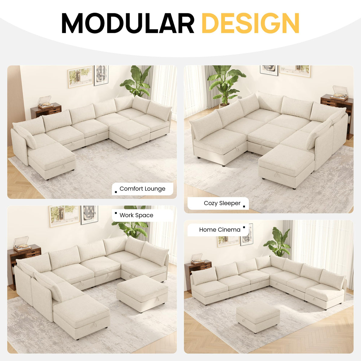 129'' Modular Sectional Sofa,8 Seat Chenille Sectional Sofa with Removable Covers,FSC Certified Modern Sectional Sofa with Storage & Ottoman,Convertible U/L Shaped Couch,Beige Couches for Living Room