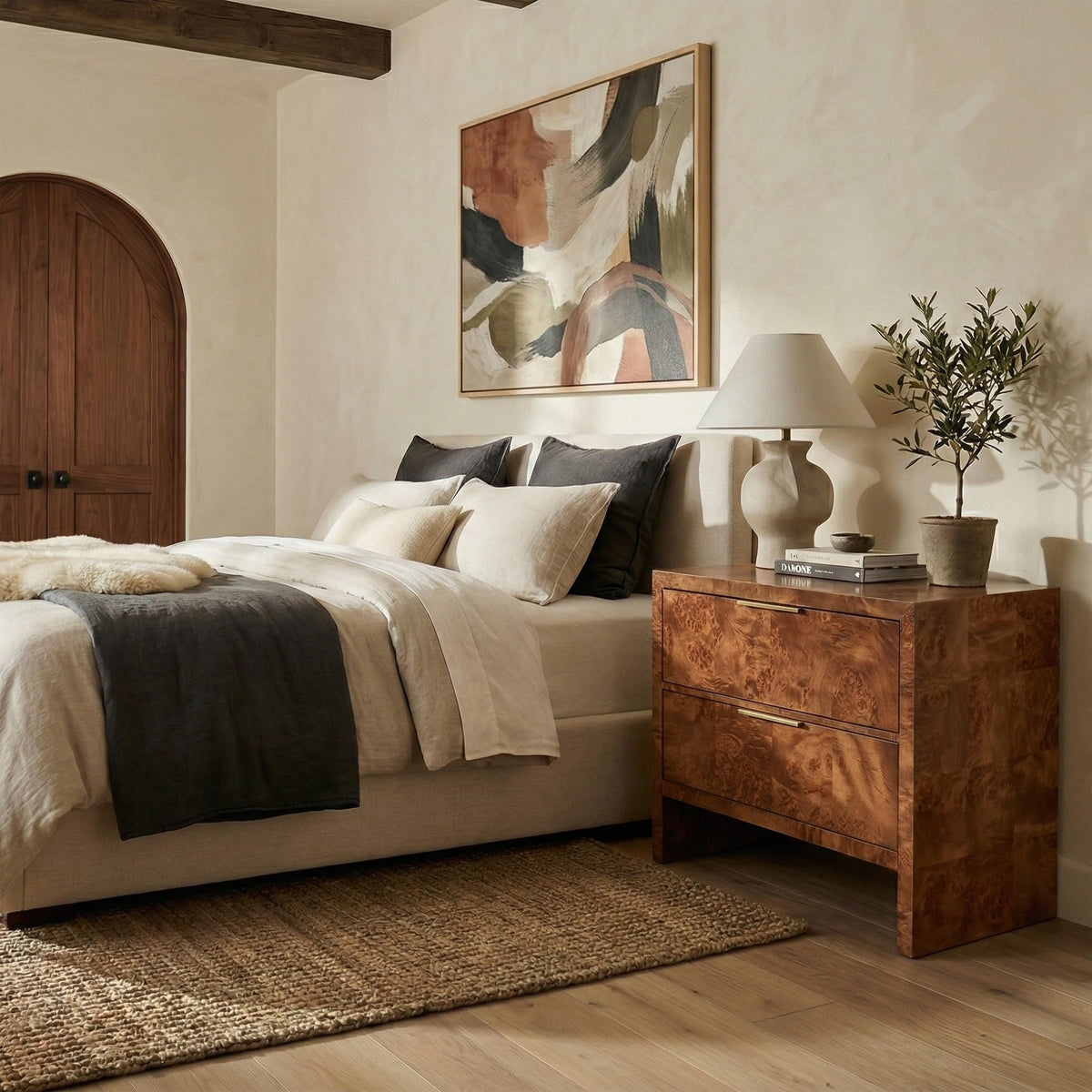 SAFAVIEH Couture - Francene Nightstand - Walnut Burl Poplar Veneer with 2 Drawers - Fully Assembled for Bedroom & Guest Room, 30" W x 17" D x 26.5" H (SFV2228A)