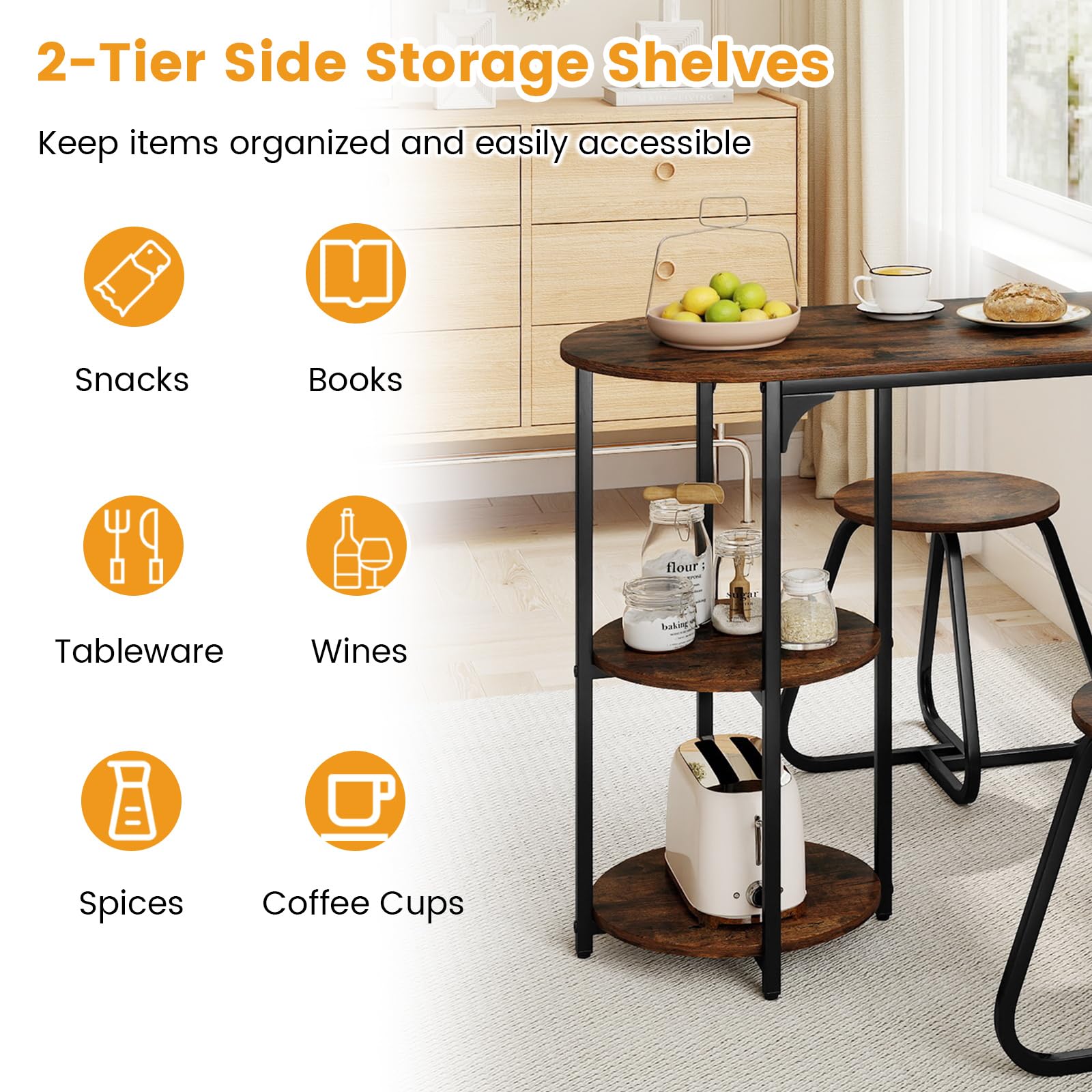3-Piece Industrial Dining Table Set with 2 Stools & Storage Shelves