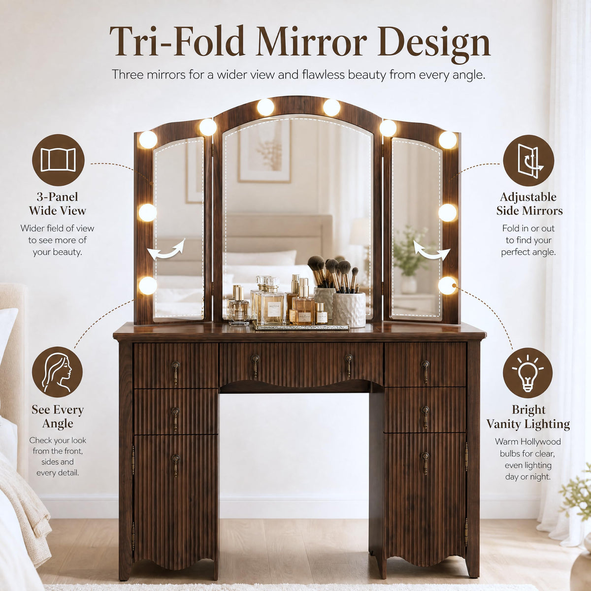 Walnut Vanity Desk with Lighted Mirror