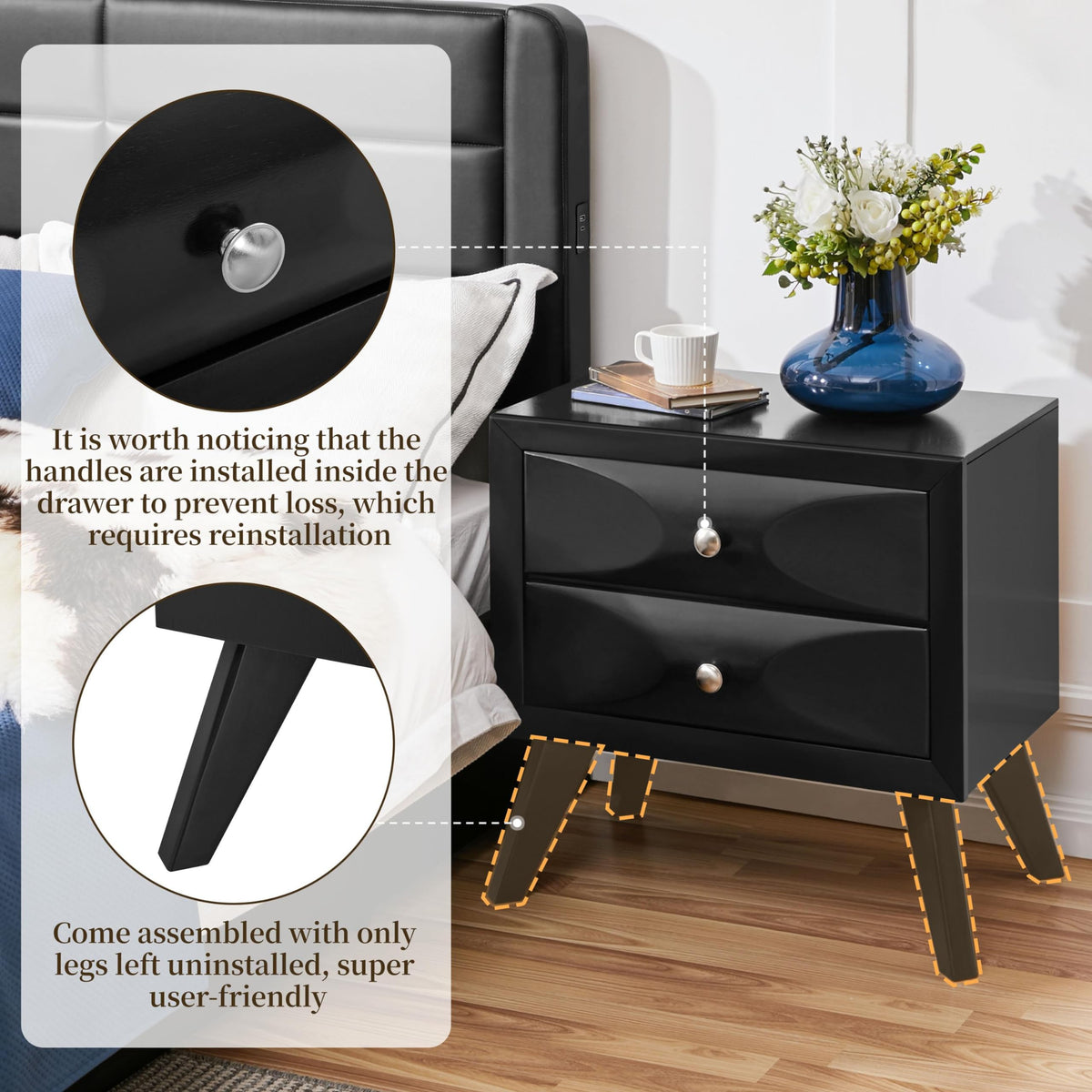Black 2-Drawer Nightstand