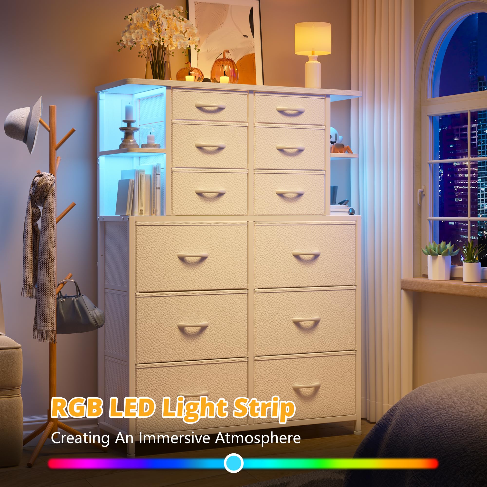 White Dresser for Bedroom with 12 Drawers & LED Lights,4 Open Storage Shelves, Fabric Dressers & Chests of Drawers for Living Room, Entryway, Dorm, Metal Frame, Wood Top,45.2" H x 35.4" W x 11.8" D