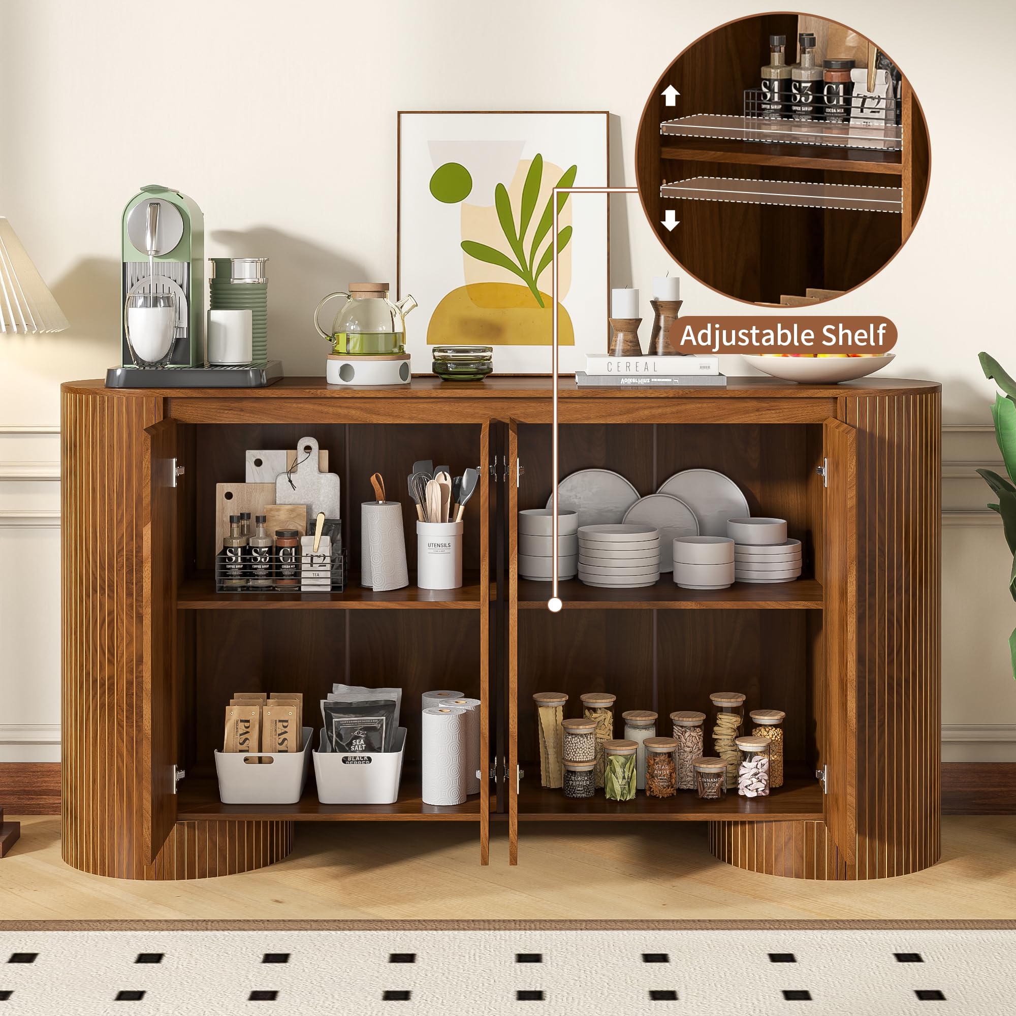60" Sideboard Buffet Cabinet with 4 Doors & Adjustable Shelves