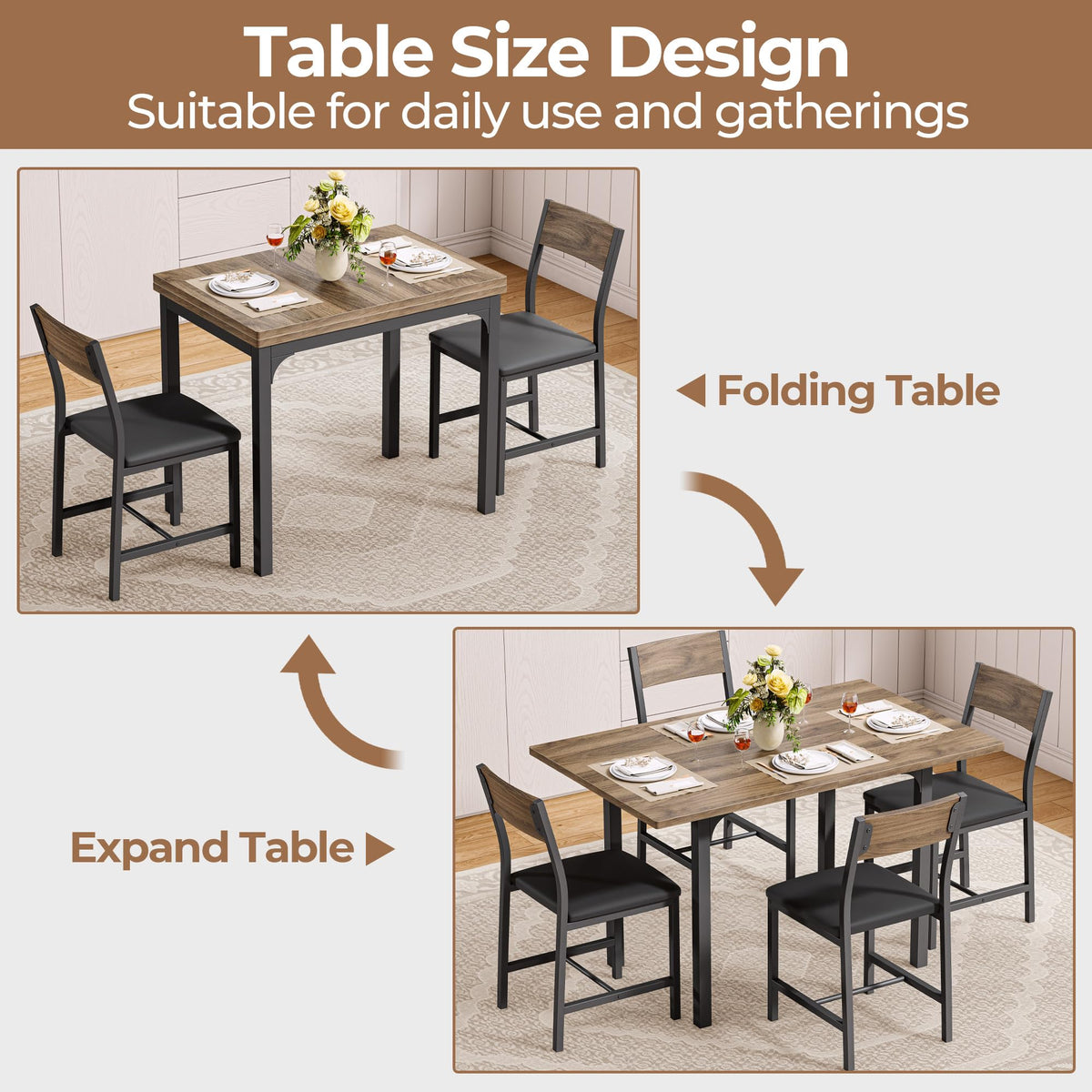 IRONCK Dining Table Set for 4, Extendable Kitchen Table Chairs Set of 4