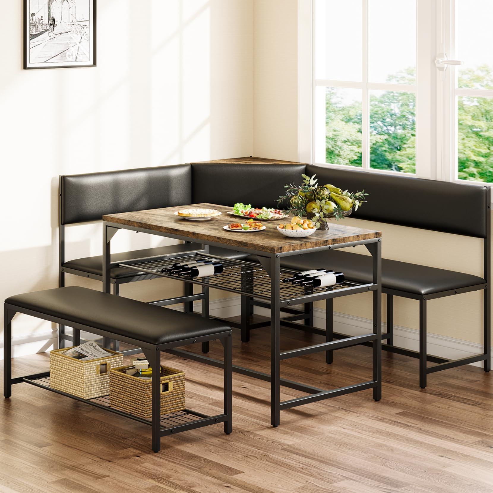 Corner Dining Set with Storage Benches