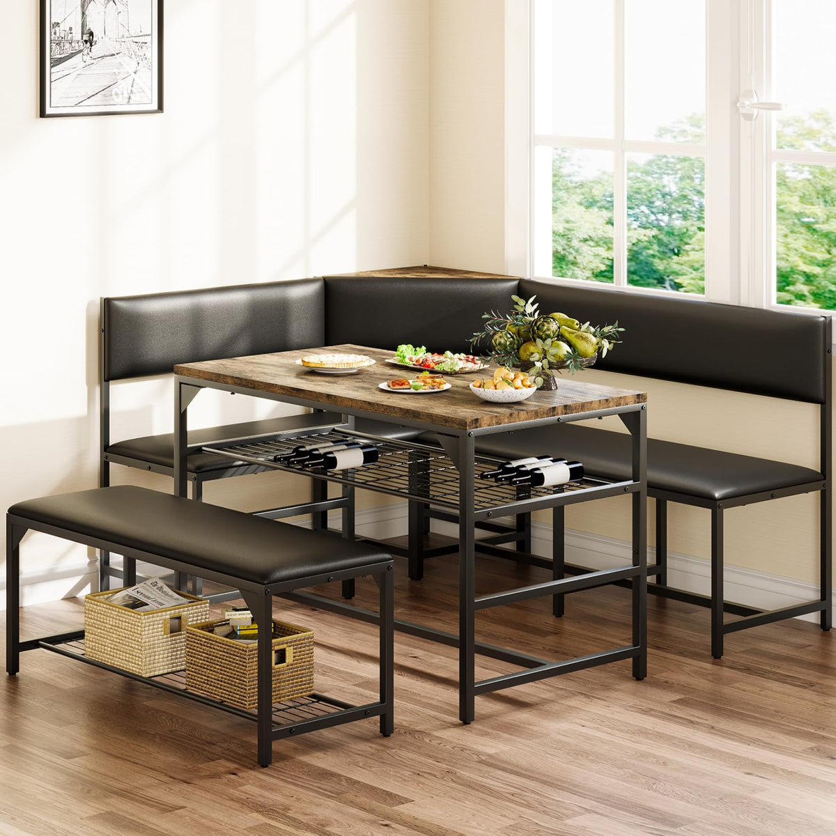 Dripex Kitchen Corner Dining Table Set with Soft Seat, Breakfast Nook Table Set for 4-6 People, Dining Room Sets for 4, Space Saving Dining Table Set for Small Space, Rustic Brown