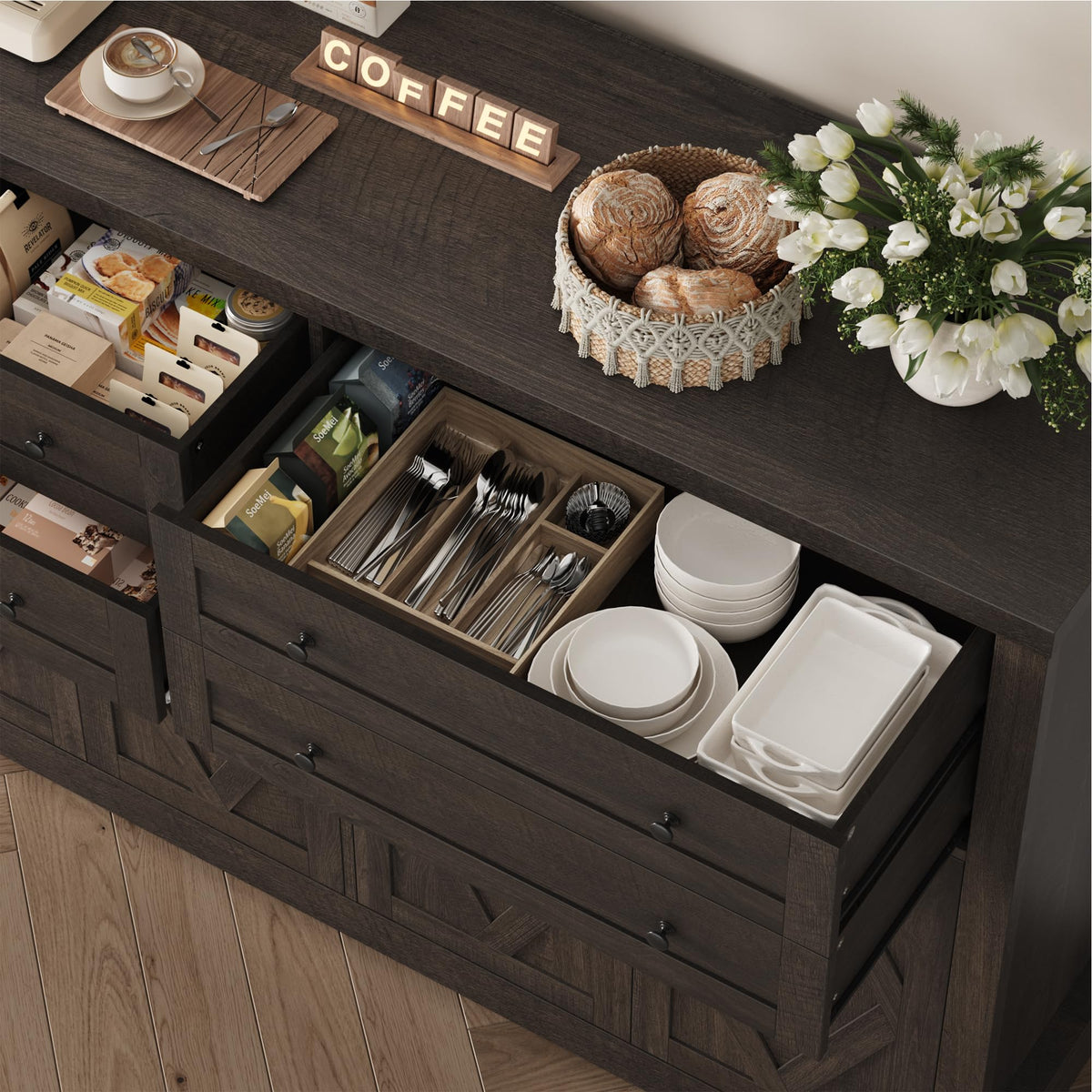 HOSTACK 55"W Kitchen Buffet Sideboard Cabinet with 4 Storage Drawer, Brown