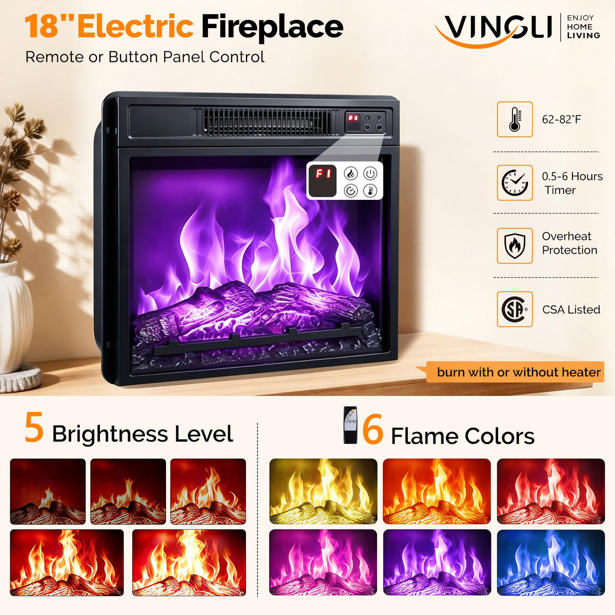 VINGLI 58‘’ Fireplace TV Stand, Entertainment Center with 18'' Electric Fireplace Heater, Fireplace Media Console Table with Open Metal Mesh Frame ＆ Shelves, for Living Room, Bedroom, Rustic Brown
