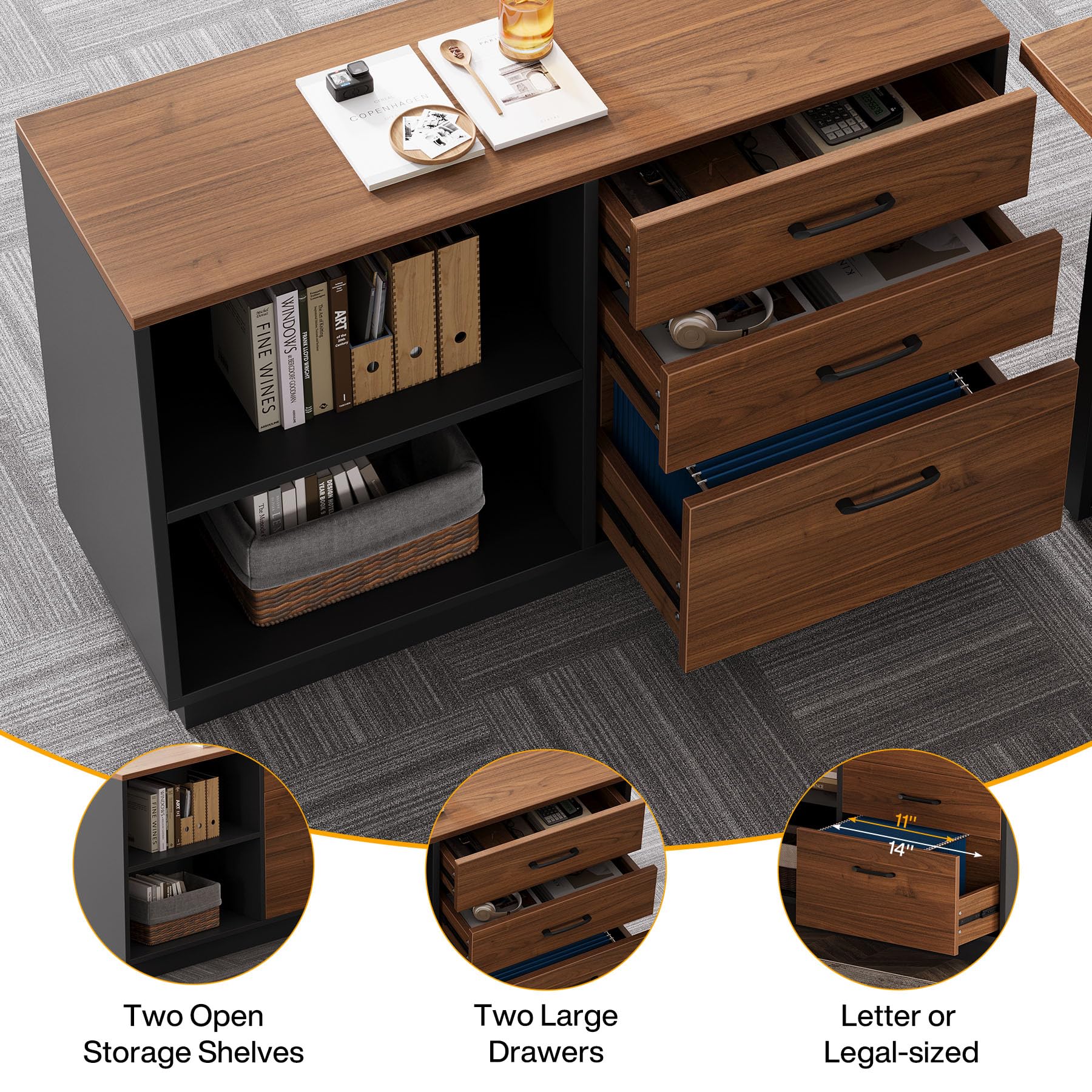 L-Shaped Executive Desk with 3-Drawer Filing Cabinet