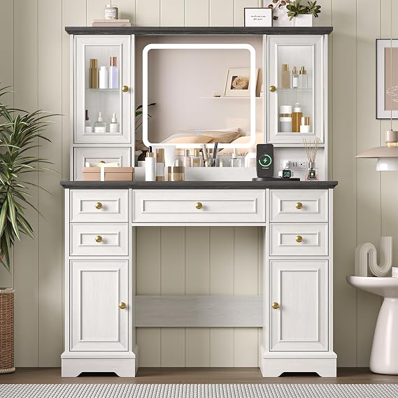 Farmhouse Vanity Desk with Mirror & Lights