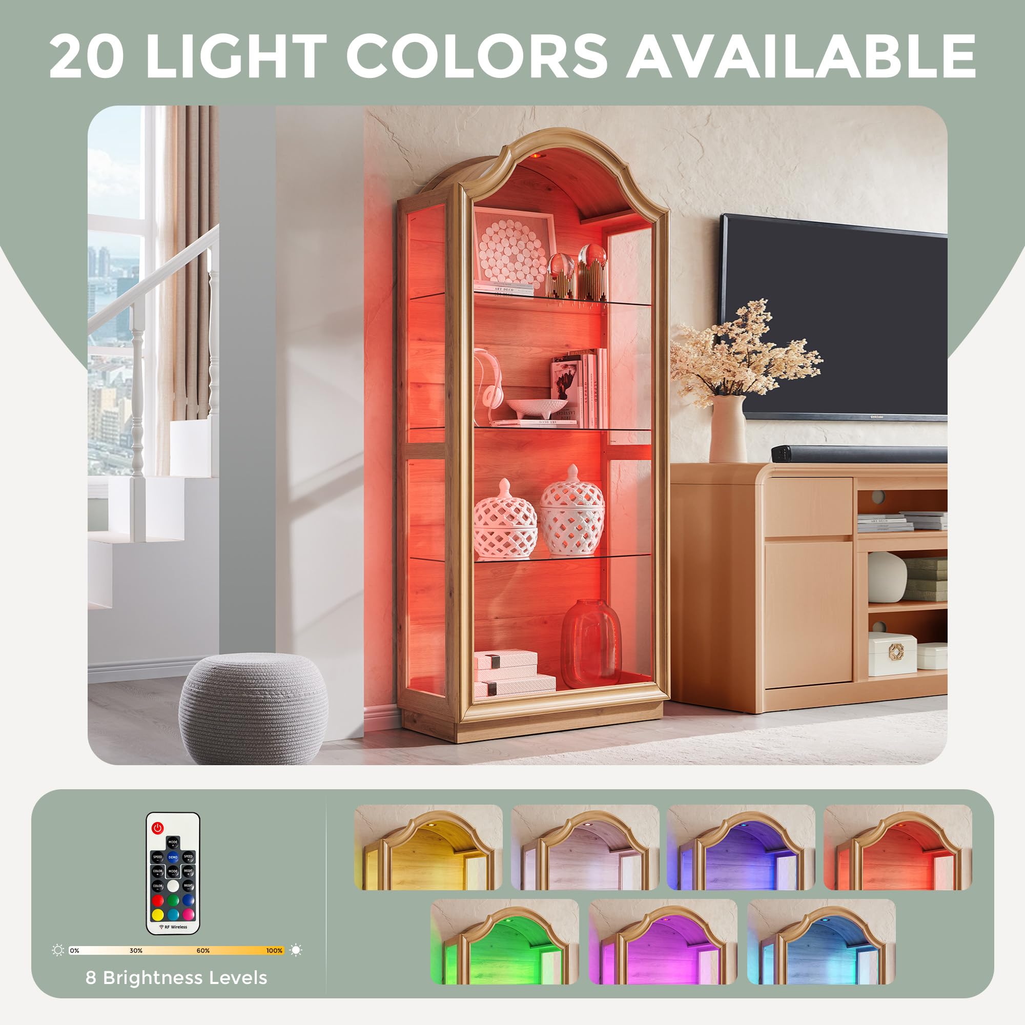 72" Arched Glass Display Cabinet with 20-Color LED Lights