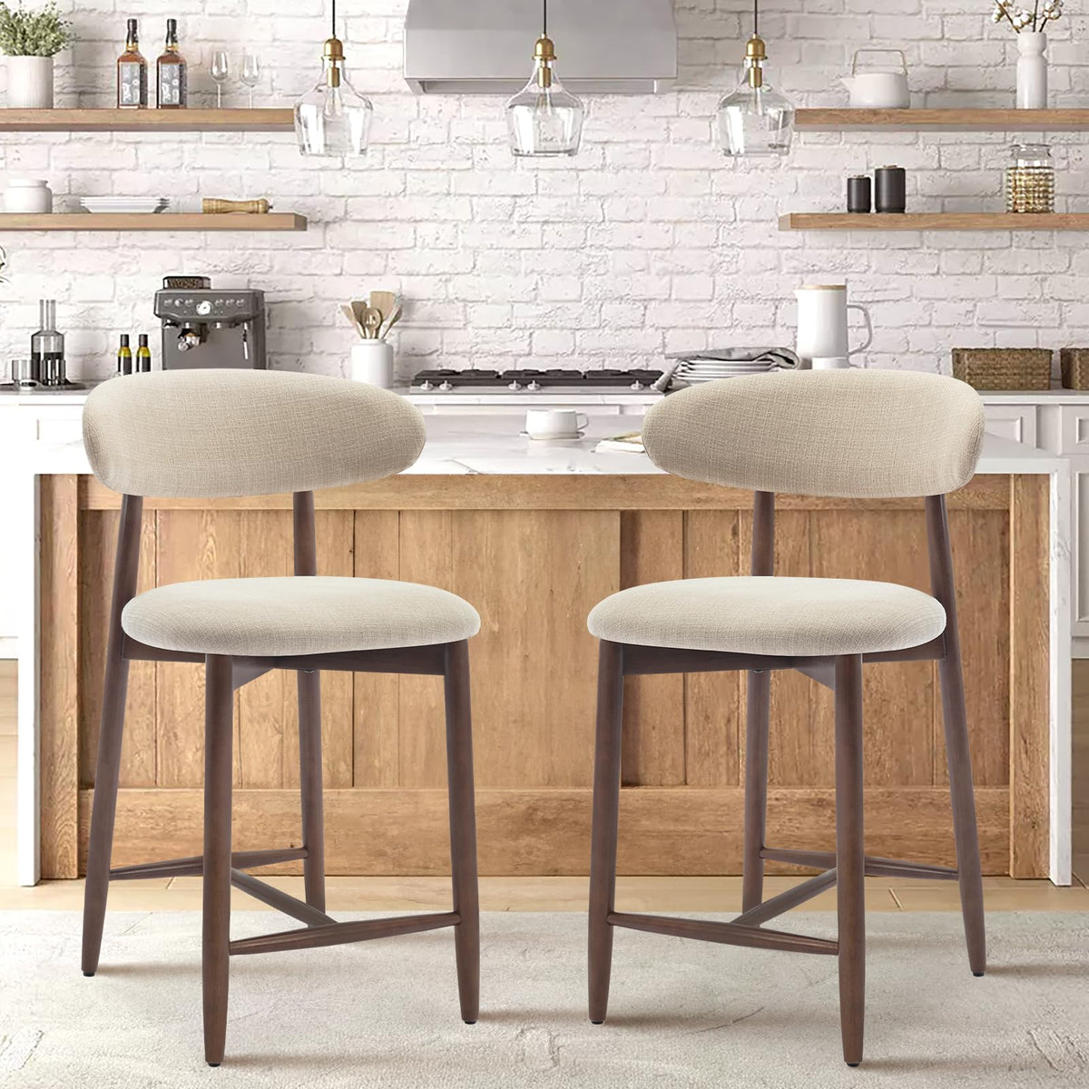 COLAMY Counter Height Bar Stools Set of 2, Kitchen Bar Stools with Back, Mid Century Modern Upholstered, with Wood Legs for Kitchen Island Dining Room, Beige