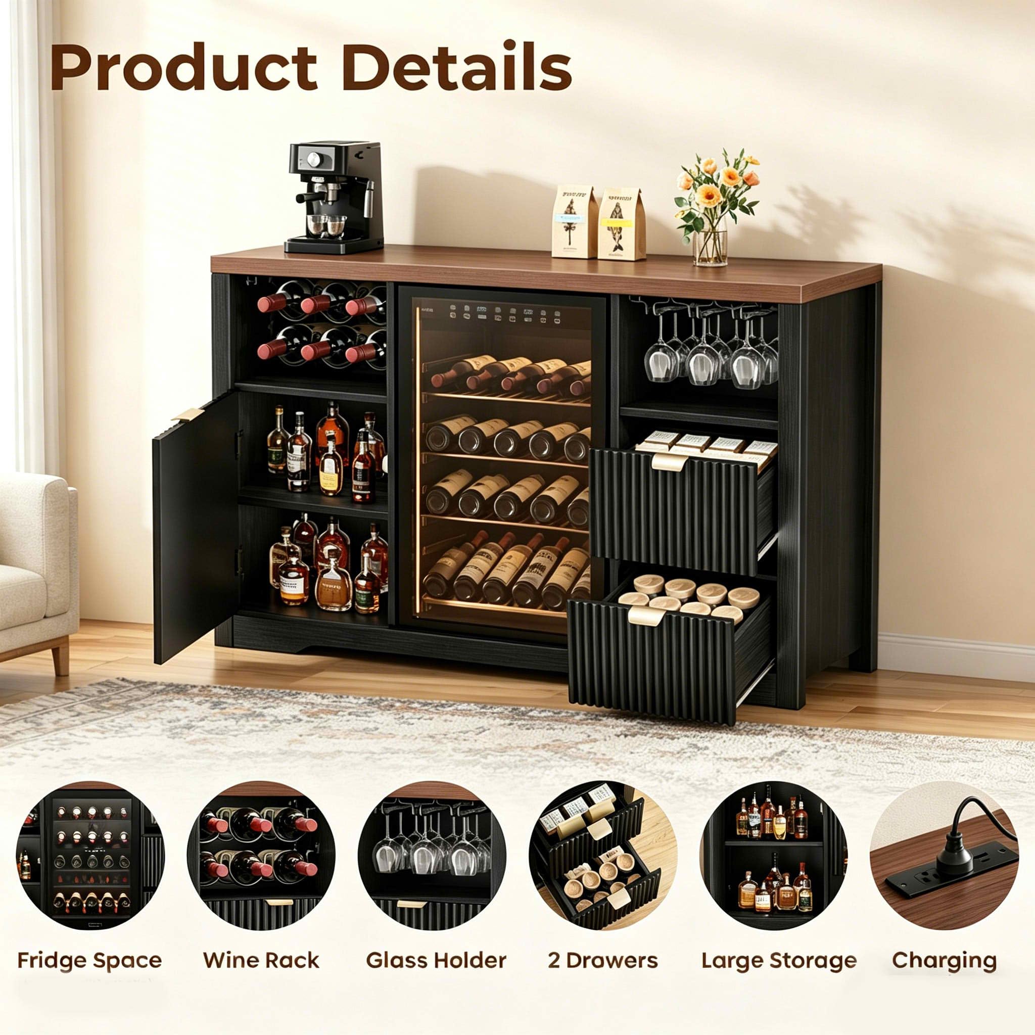 Coffee Bar Cabinet with Fridge Space, 53" L Wine Cabinets with Storage Drawer, Wood Buffet Sideboard Table, Fluted Liquor Cabinet with Wine Rack for Home, Living Room,20"D x 53.1"W x 39.4"H-Black