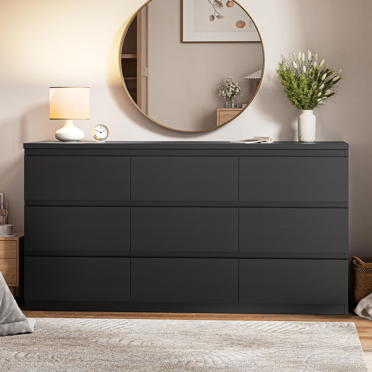 Jocoevol Modern 9 Drawer Dresser for Bedroom, Simply Chest of Drawers, Wood Storage Dresser with Deep Drawers for Living Room Hallway Entryway (Black)