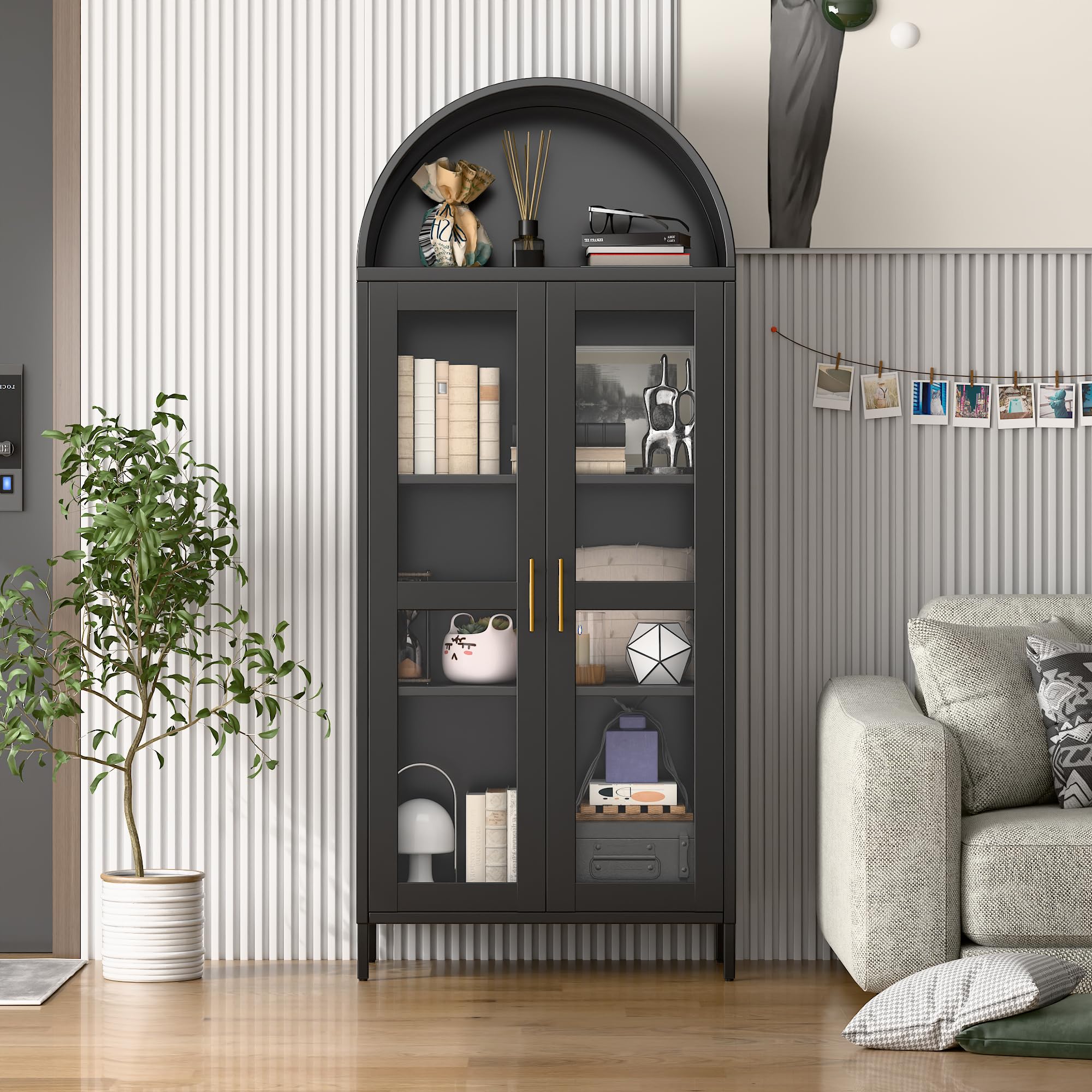 JAORD 73" Black Metal Arched Display Cabinet with Motion Sensor LED Lights, Glass Doors, 2 Adjustable Shelves, Heavy Duty Curio Bookcase for Living Room, Home Office, Assembly Required