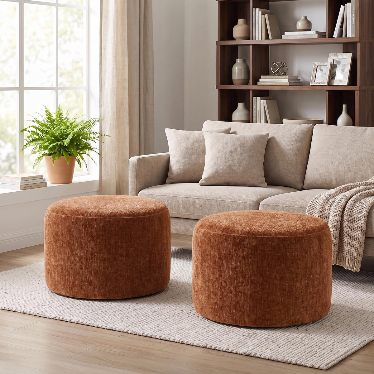 Scingu Upholstered Round Pouf Ottoman Set of 2, Orange-Brown Footstools