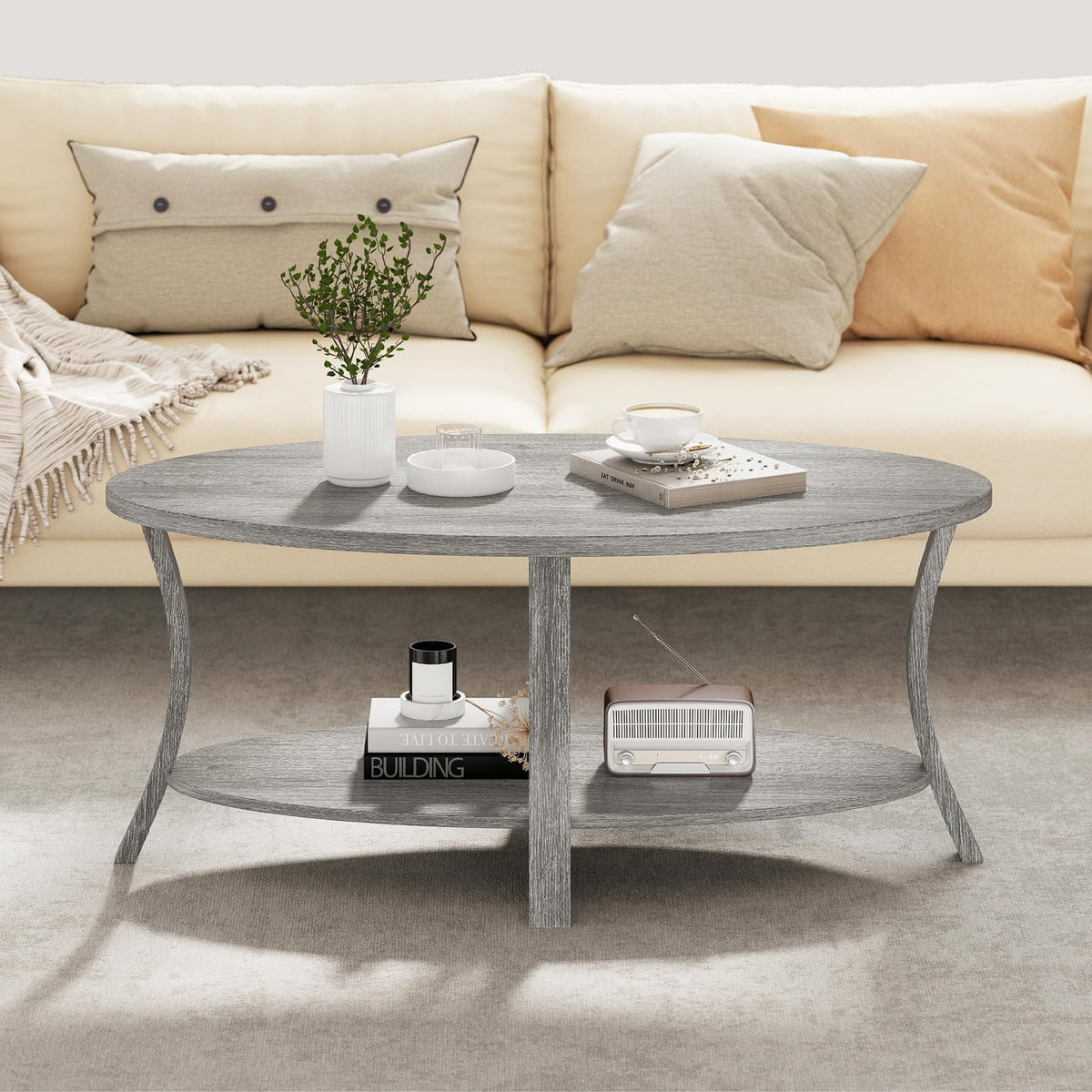 Gray Oval Coffee Table with Storage
