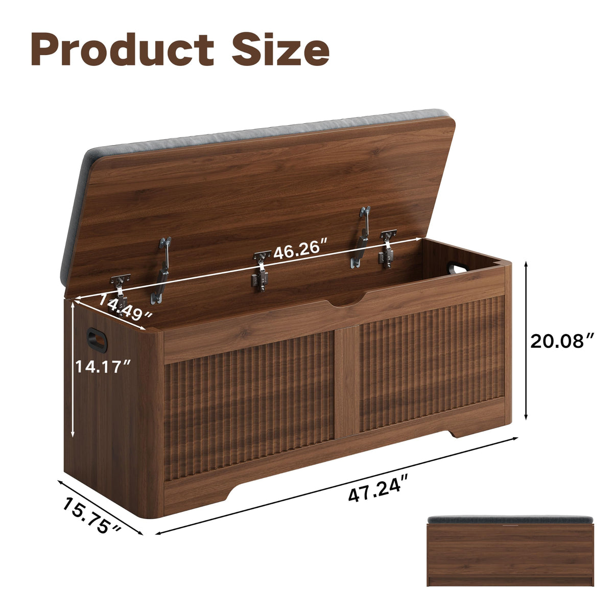47.3"W Fluted Storage Chest with Padded Seat Cushion, Curved Profile,Walnut
