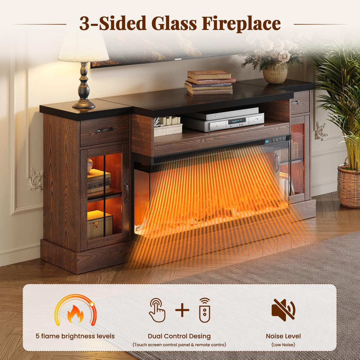 4 EVER WINNER 70-Inch Fireplace TV Stand for TVs Up to 80 Inches, Brown