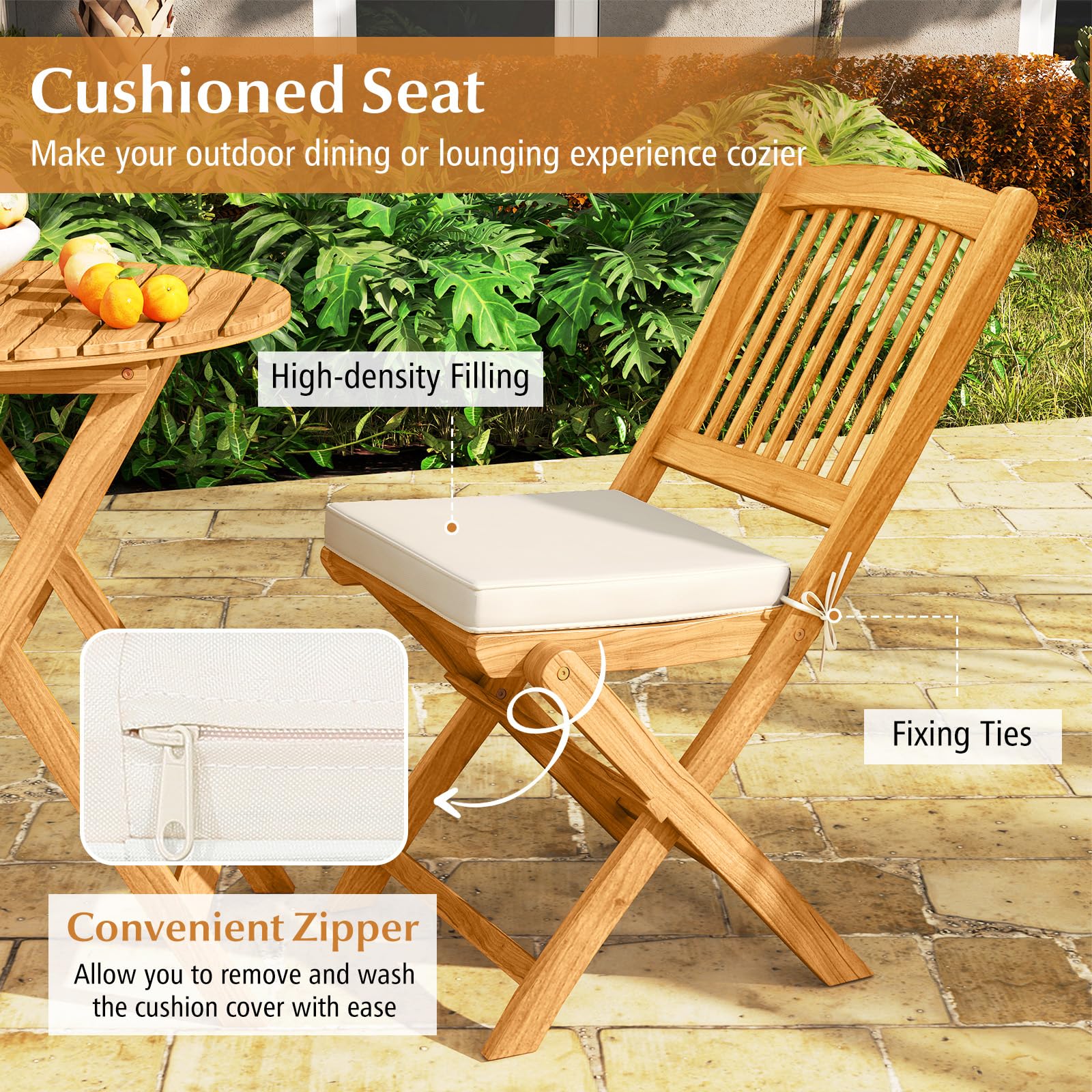 3-Piece Acacia Wood Folding Patio Bistro Set with Cushions