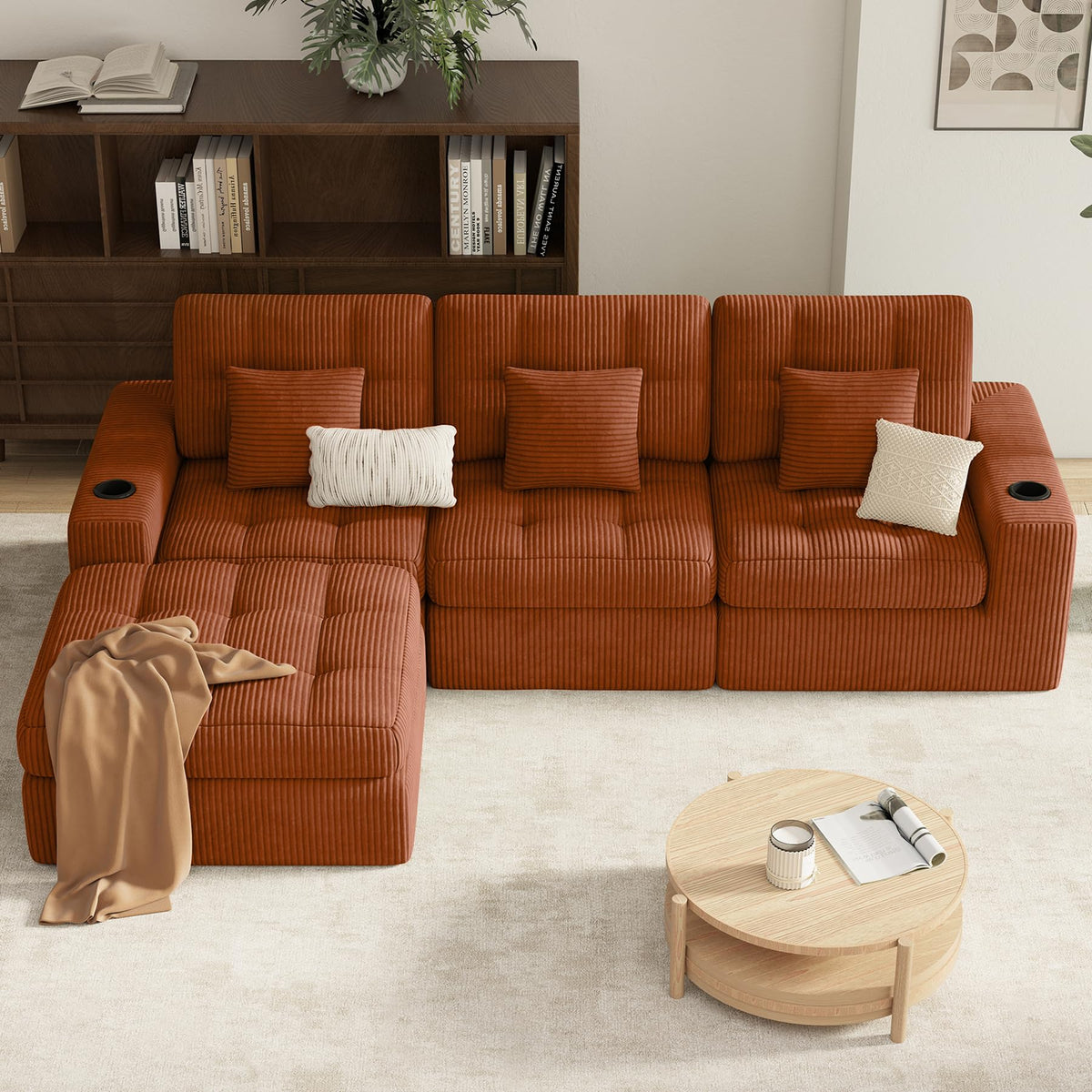 112" L Shaped Cloud Boneless Couch,Modern Modular Sectional Sofa with Layered Cushion,No Assembly Convertible Corduroy Couches for Living Room,Caramel 1 PCS