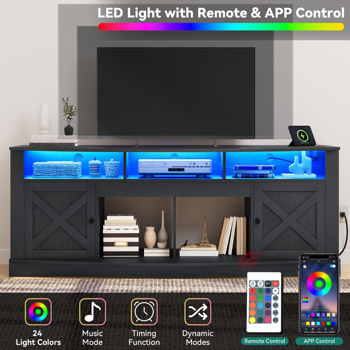 Black Farmhouse LED TV Stand