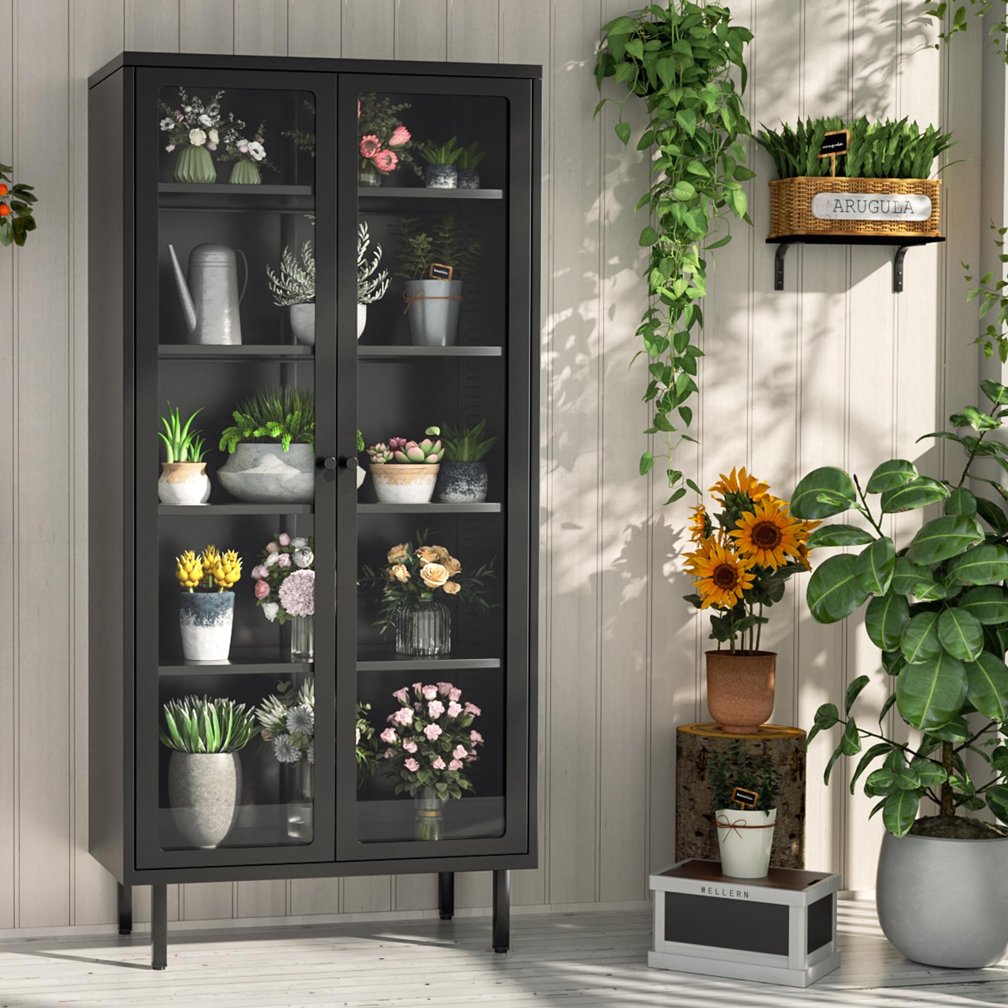 INTERGREAT Glass Display Cabinet, Metal Curio Cabinet with Tempered Glass Doors & Adjustable Shelves, Metal Storage Cabinets for Living Room, School, Plant, Black, Assembly Required