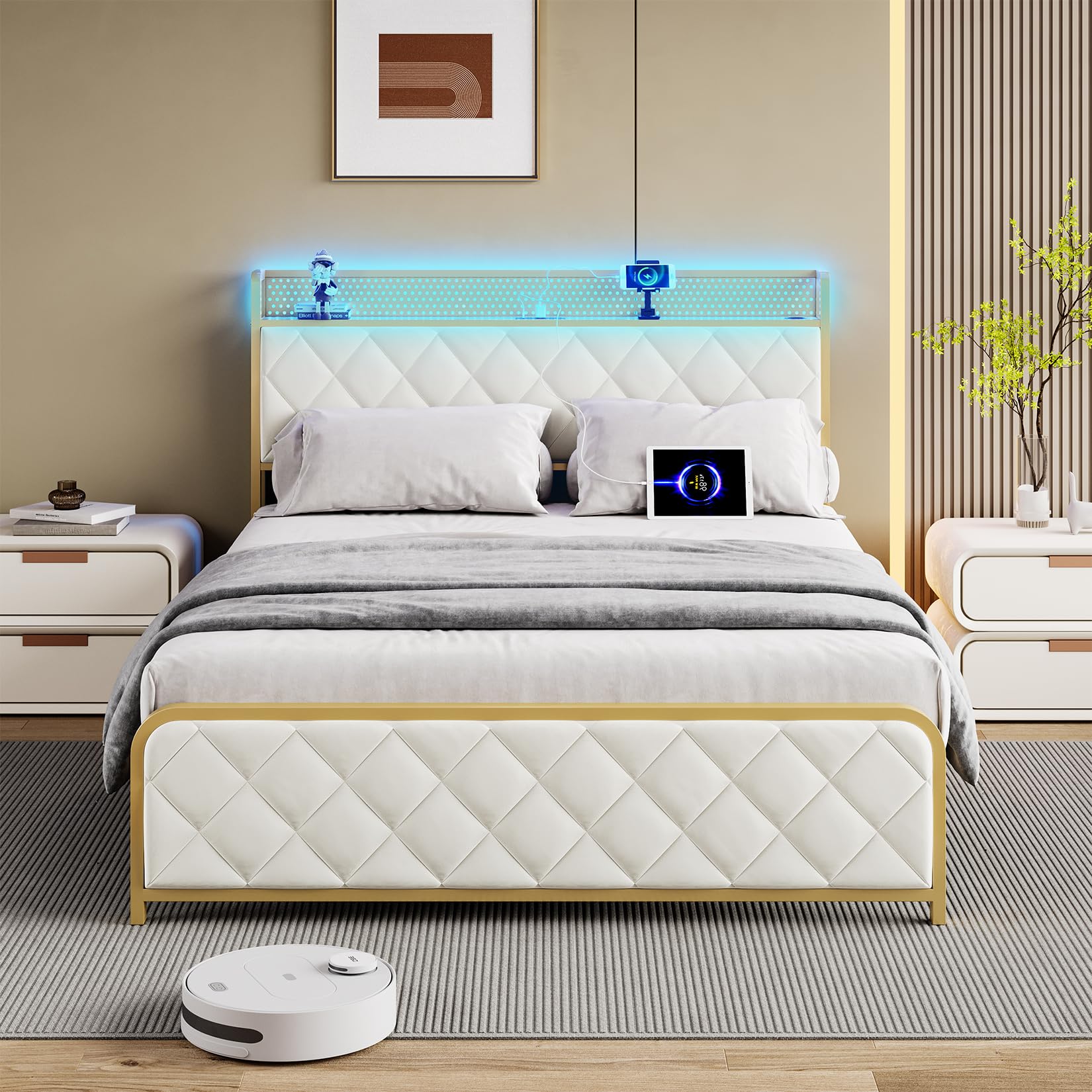 OUTGOODS King Bed Frame with Velvet Storage Headboard, Heavy Duty Steel Slats Support Metal Platform Bed Frame w/Charging Station & LED, APP ＆ Remote Control, Noise-Free/No Box Spring Needed, Beige