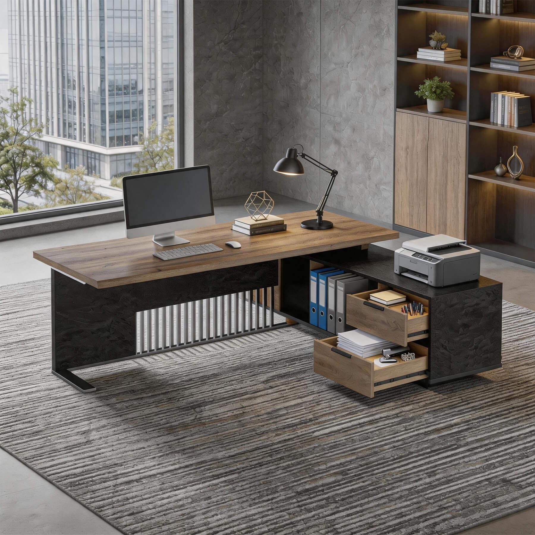70.86 inch Inch Large Executive Desk with Drawers Cabinet, L Shaped Office Desk, Computer Desk with Universal Charging Ports and Cable Management for Business Furniture Set Workstation for Home Office