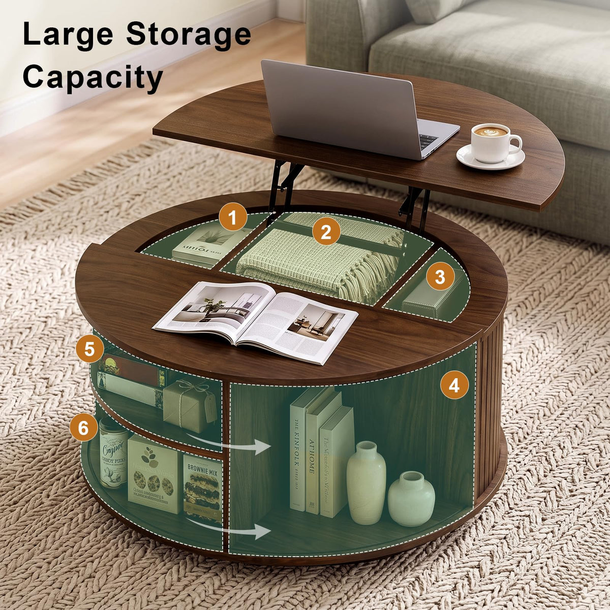 Walnut Round Lift-Top Coffee Table