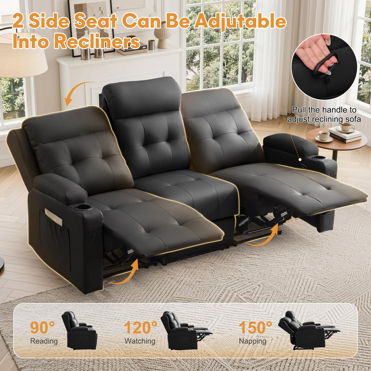 Korser 3-Seater Loveseat Recliner Sofa, Manual Recliner Chair with Flip Back Console, Cup Holder & USB, Home Theater Seating for Family Party, PU Leather, Black