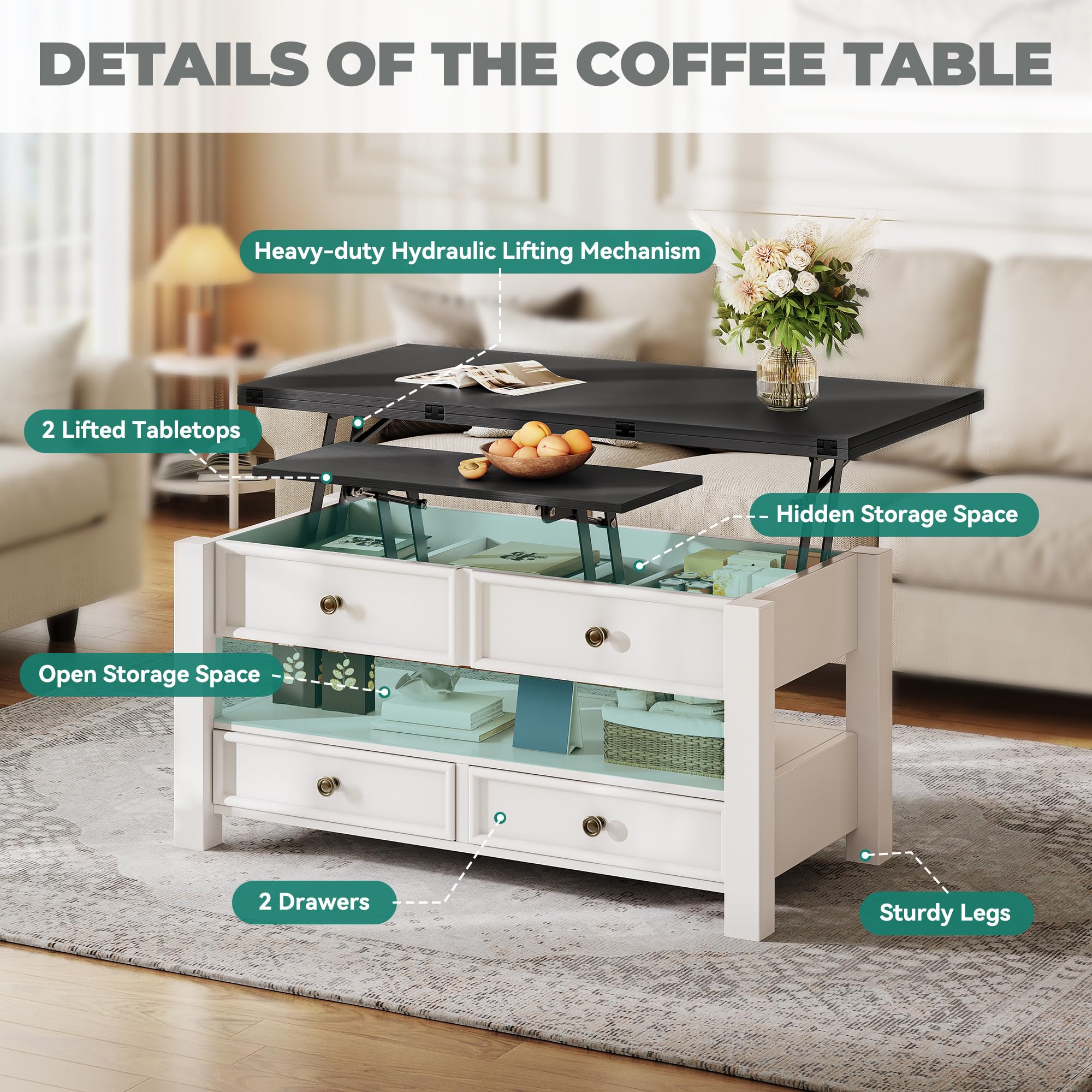 YITAHOME Coffee Table Lift Top, 4 in 1 Multi-Function Convertible Coffee Table with Drawers and Hidden Compartment, Converts to Dining Table for Living Room Home Office, Black Top