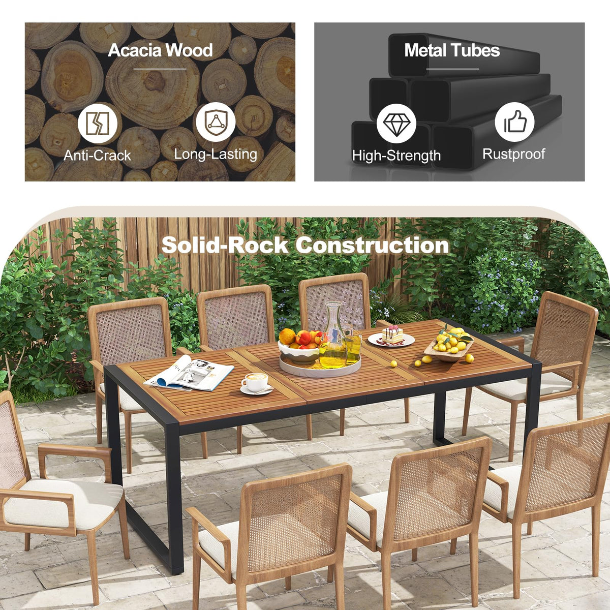 Tangkula 79 Inches Acacia Wood Outdoor Dining Table for 8, Large Rectangular Patio Table with 1.9" Umbrella Hole, Heavy Duty Metal Legs & Adjustable Foot Pads, Outside Table for Patio, Garden, Yard