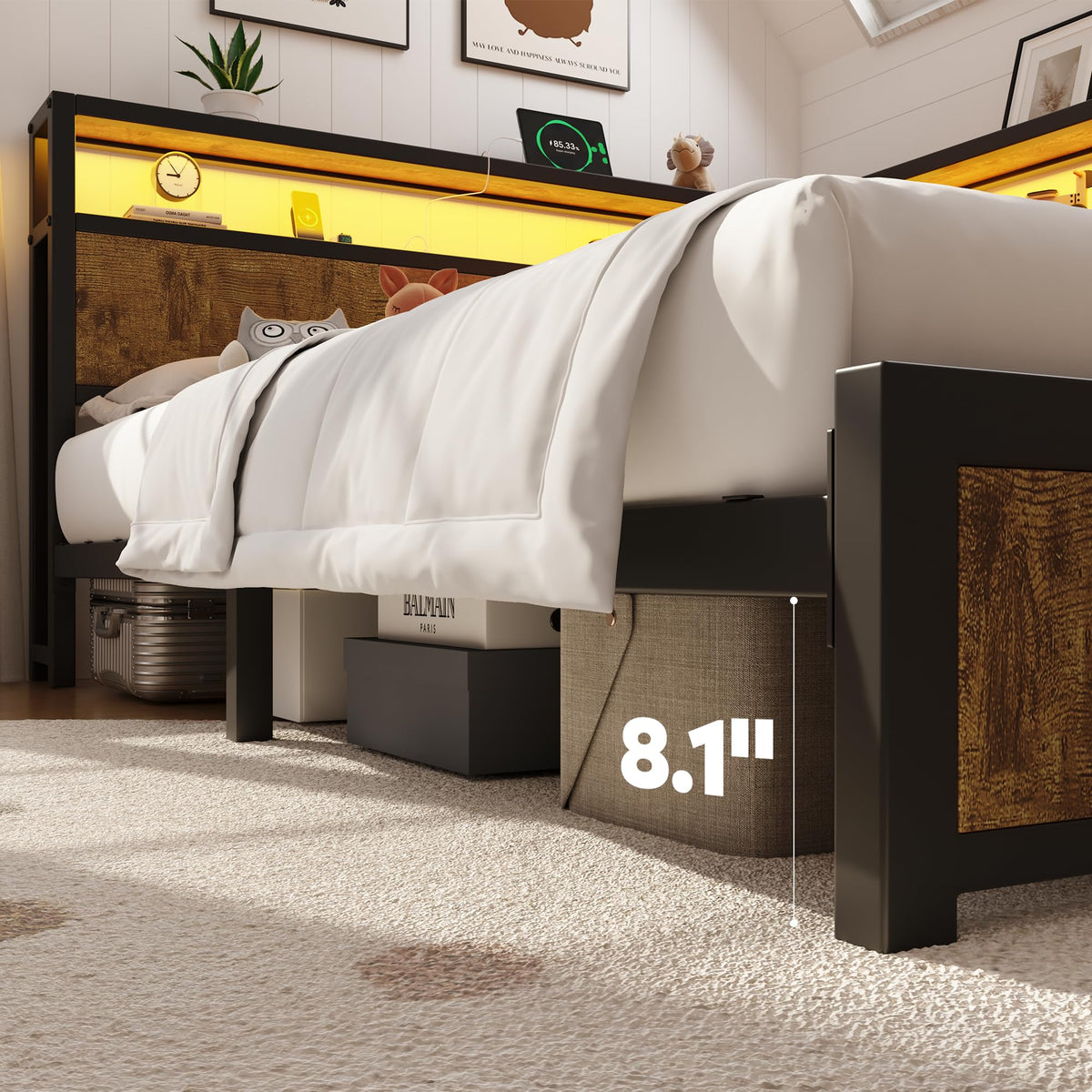 CIKUNASI Queen Corner Bed Frame with Storage Headboard, Metal Platform Bed Frame with LED Light and Charging Station, Queen Daybed for Living Room, Bedroom & Guest Room