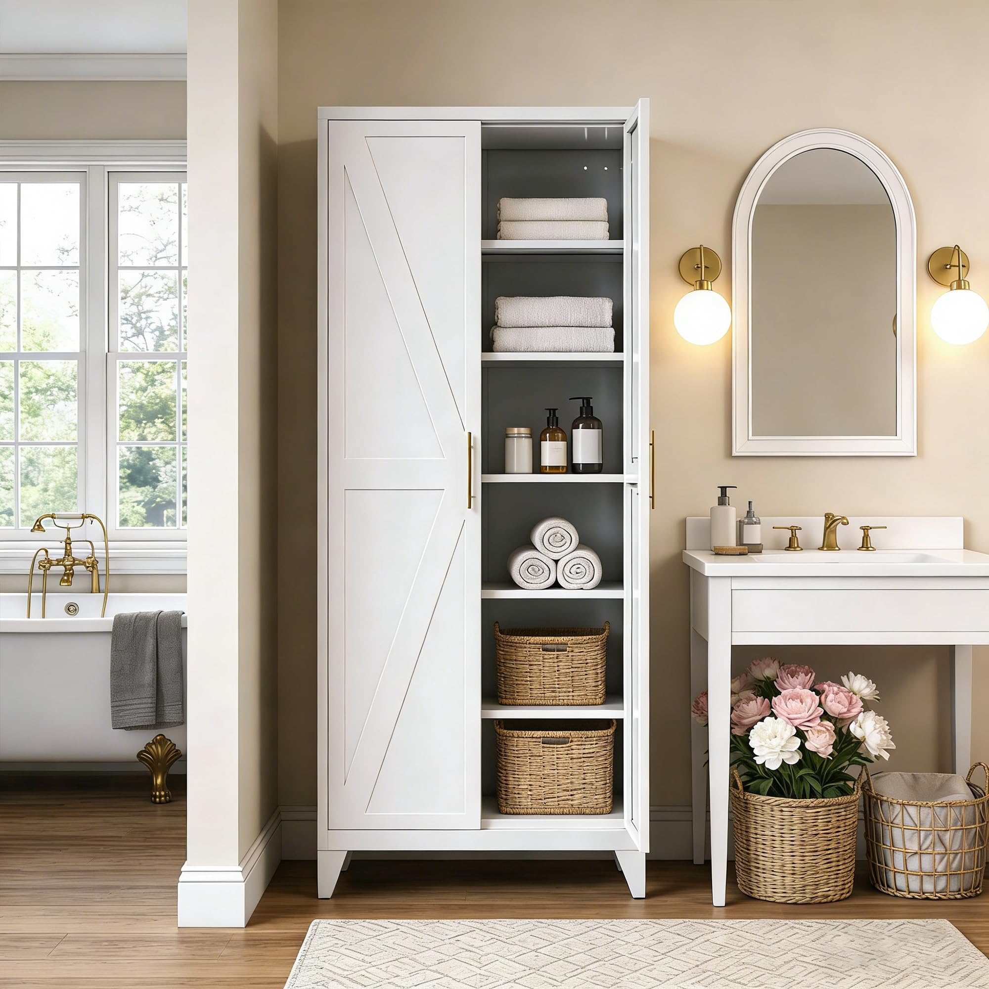 GangMei 75.3 in Metal Kitchen Pantry Cabinet, White, 5 Adjustable Shelves
