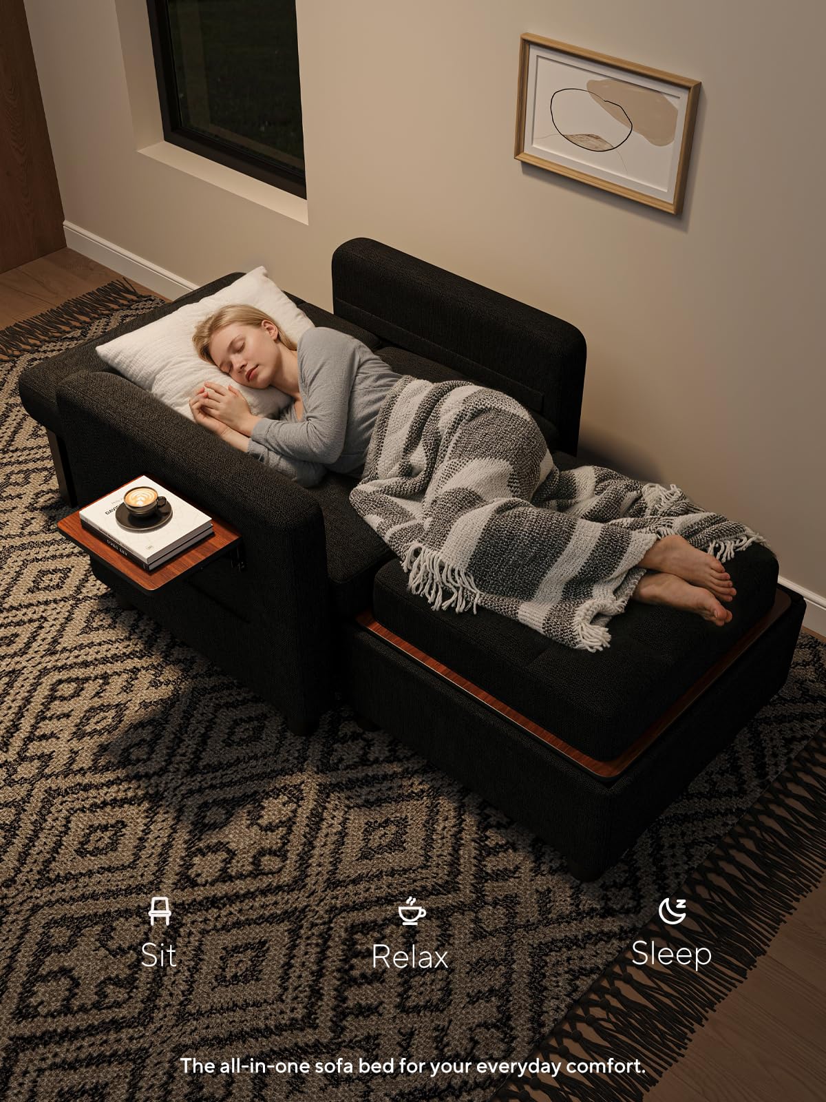 TROMIRY Convertible Sleeper Chair 3 in 1 Pull Out Sofa Bed | Single Sofa Bed with Storage Ottoman and Adjustable Backrest | Reading Chair with Foldable Table & USB Port, Black