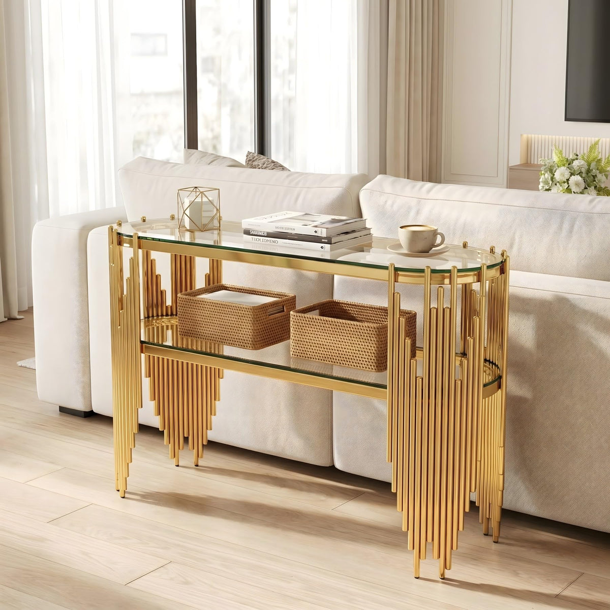 Gold Oval Glass Console Table