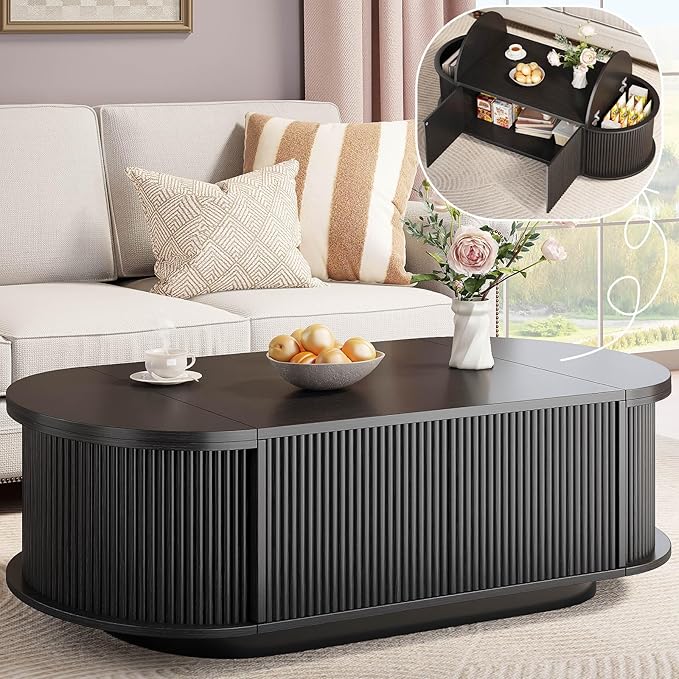 Oval Fluted Coffee Table with Flip-Top Storage
