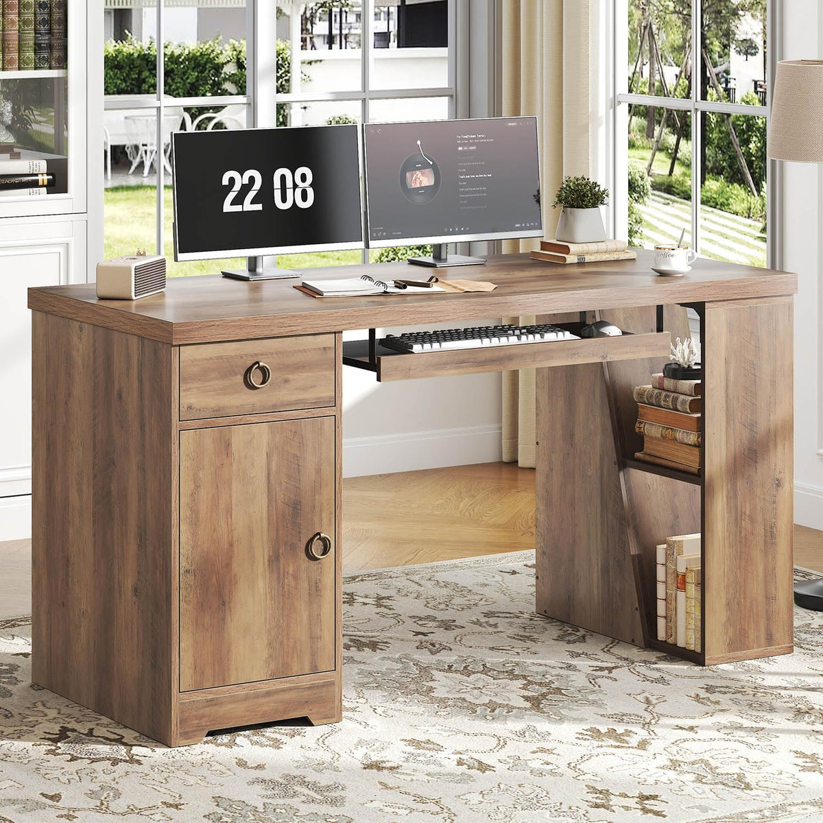 HSH Office Desk with Keyboard Tray, Computer Desk with Storage, 55 Inch