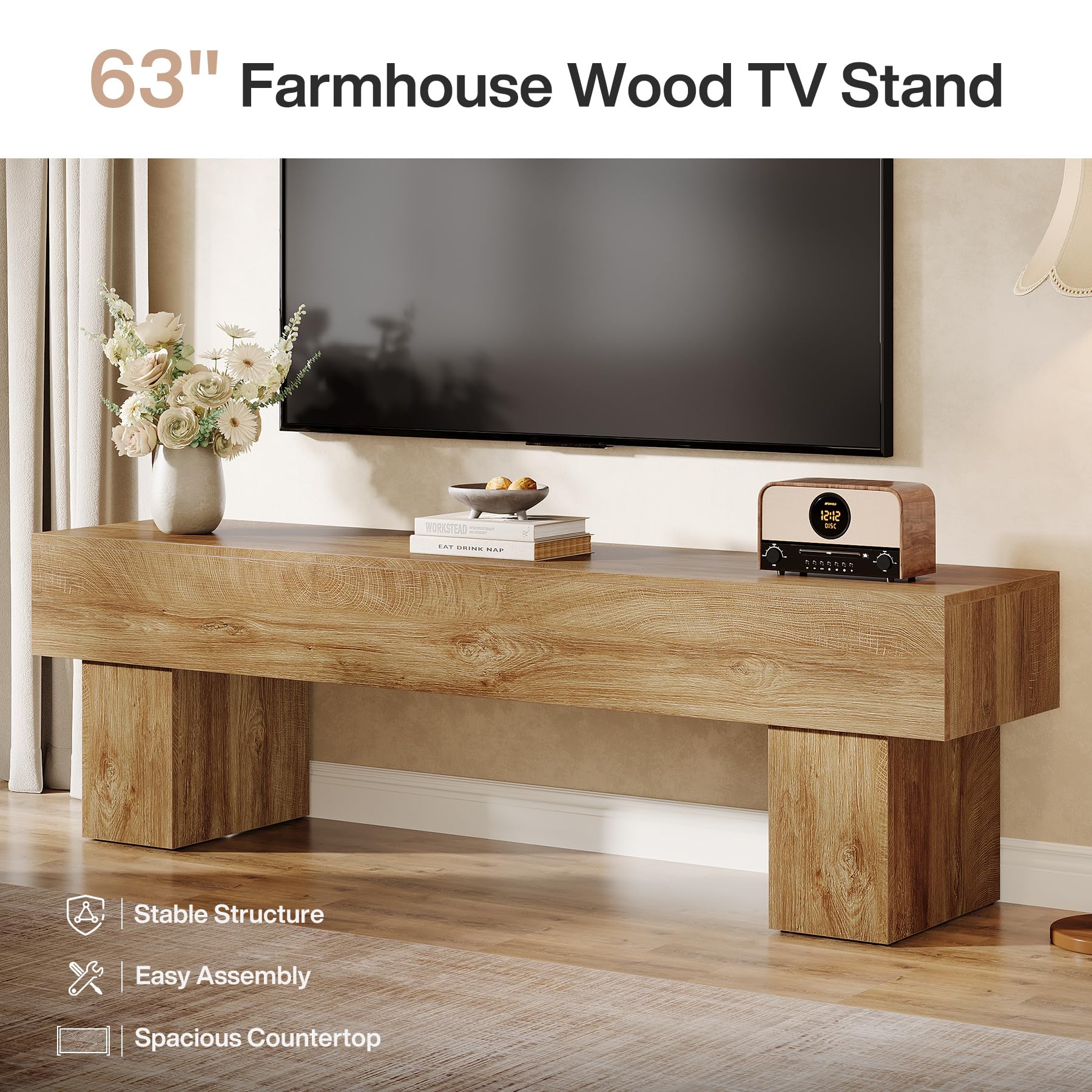 Tribesigns 63" TV Stand, Farmhouse Entertainment Center, Low TV Console Table for Living Room, Long Media Console Television Stands for 55/60/65 Inch TV