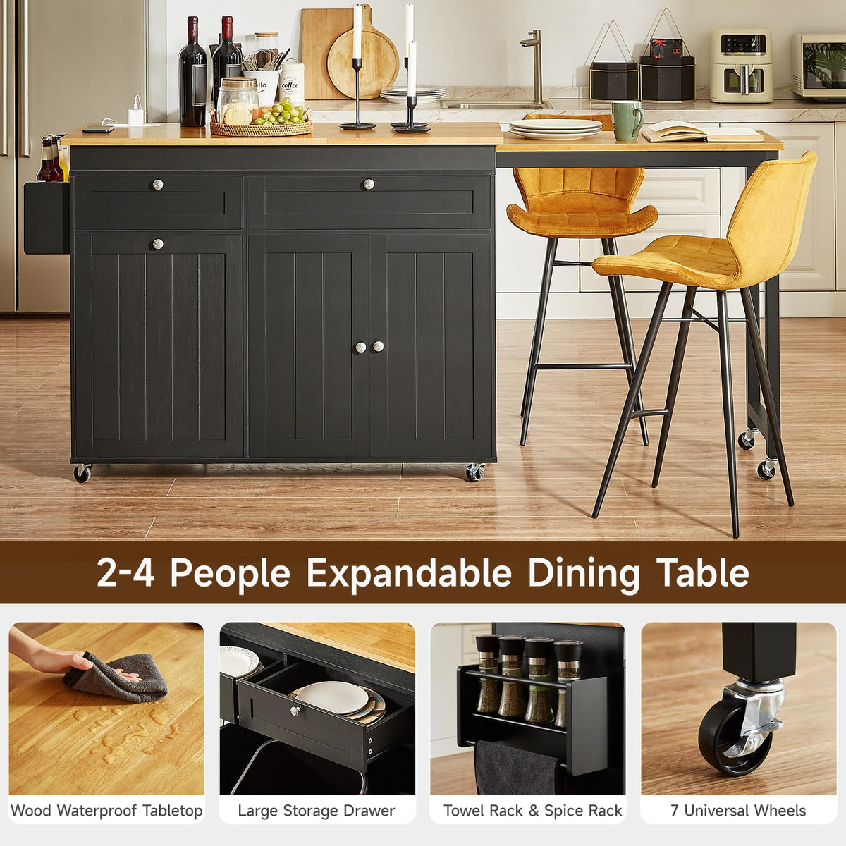 Kitchen Islands with Extendable Dining Table, Mobile Storage Islands, Black
