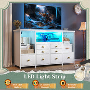 Dresser for Bedroom with 8 Fabric Drawers & 17.5''H Semi-Open Wooden Shelf,TV stand with LED Lights & Charging Station,Sturdy Steel Frame & Wood Top,Storage Cabinet for Hallway,Living Room,White