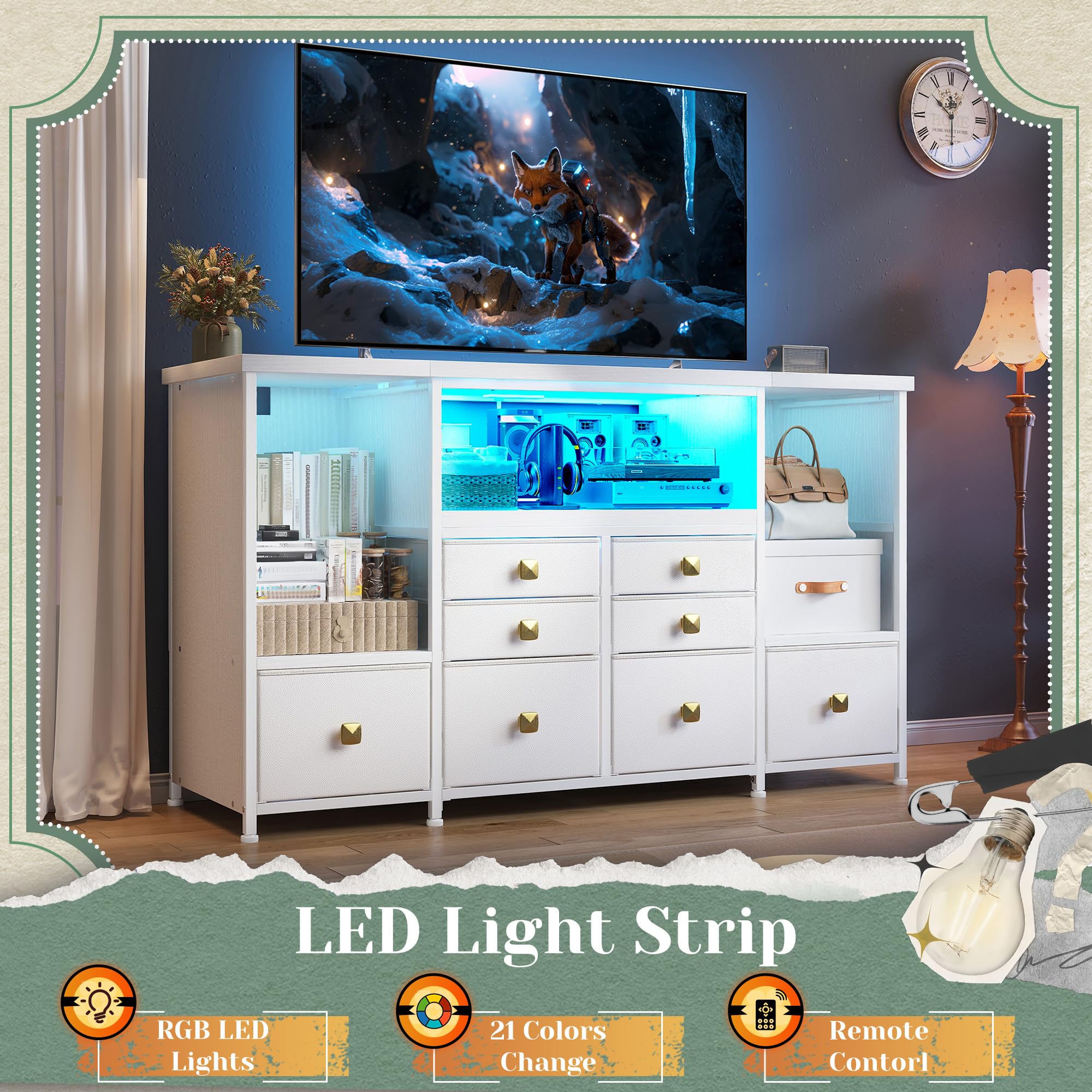 Dresser for Bedroom with 8 Fabric Drawers & 17.5''H Semi-Open Wooden Shelf,TV stand with LED Lights & Charging Station,Sturdy Steel Frame & Wood Top,Storage Cabinet for Hallway,Living Room,White